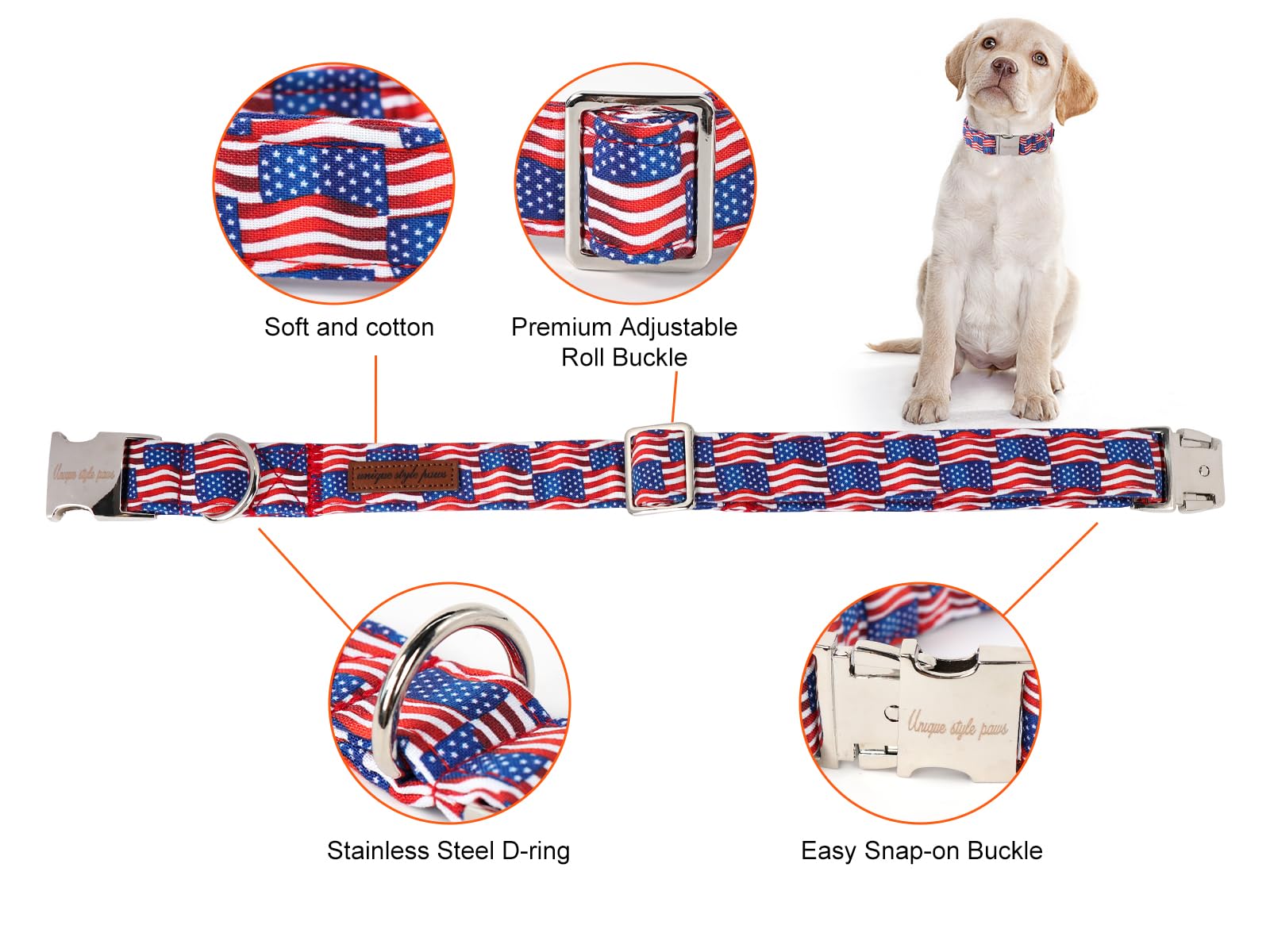 Unique Style Paws Independence Day Dog Collar Metal Buckle Wave Flag Collar Gift Durable Cute Collar For Small Medium Large Boys