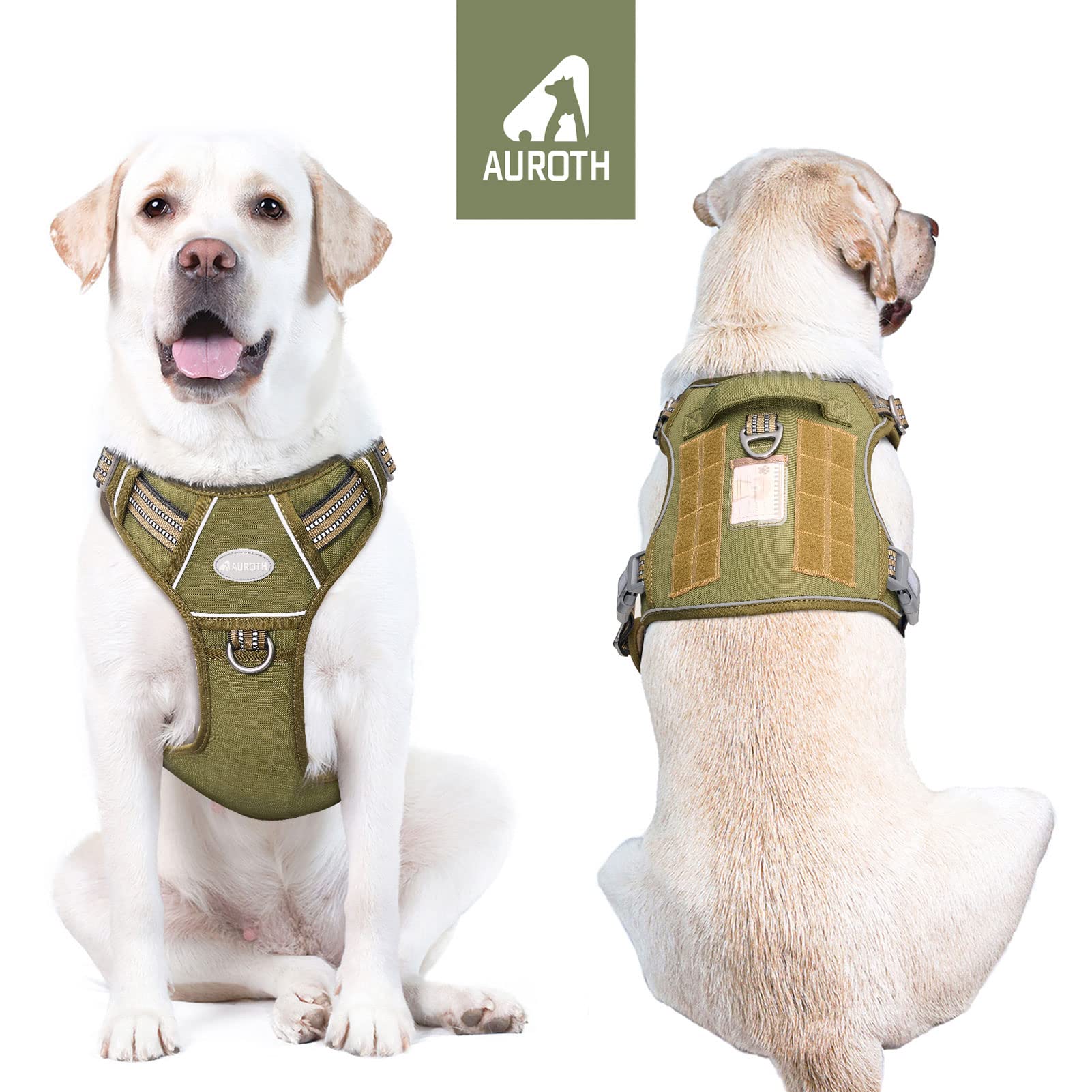 Auroth Tactical Dog Harness For Small Medium Large Dogs No Pull Adjustable Pet Harness Reflective K9 Working Training Easy Control Pet Vest Military Service Dog Harnesses M, Green