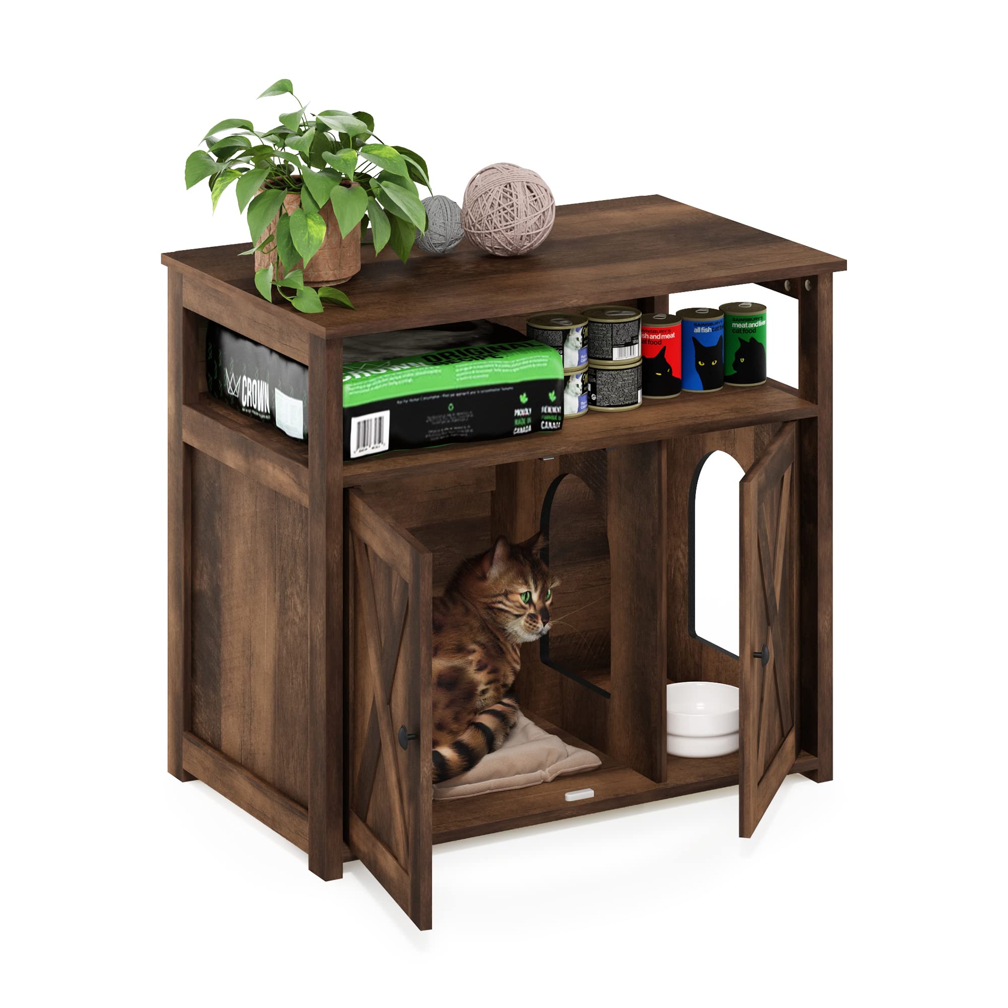 Furinno Peli Farmhouse Cat Litter Cabinet Storage with 2 Doors, Rustic Brown
