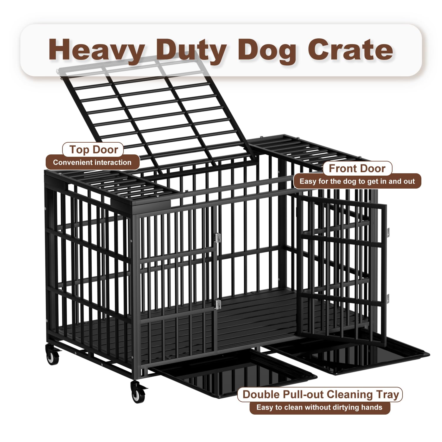 Snuowu Heavy Duty Dog Crate - Indestructible, Escape-Proof, 54" Alloy Steel, Black, Model CGGL54BK for Large Dogs