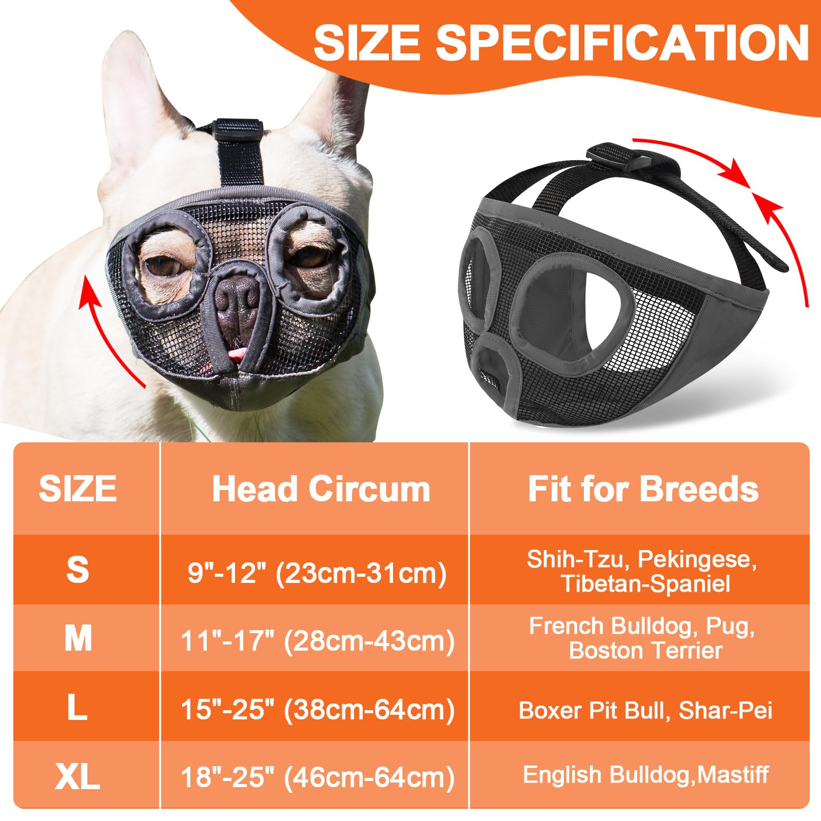 Short Snout Dog Muzzles- Bulldog Muzzle Breathable Mesh Dog Mask For Biting Chewing Training Licking Grooming (Black, Xl(Head 18