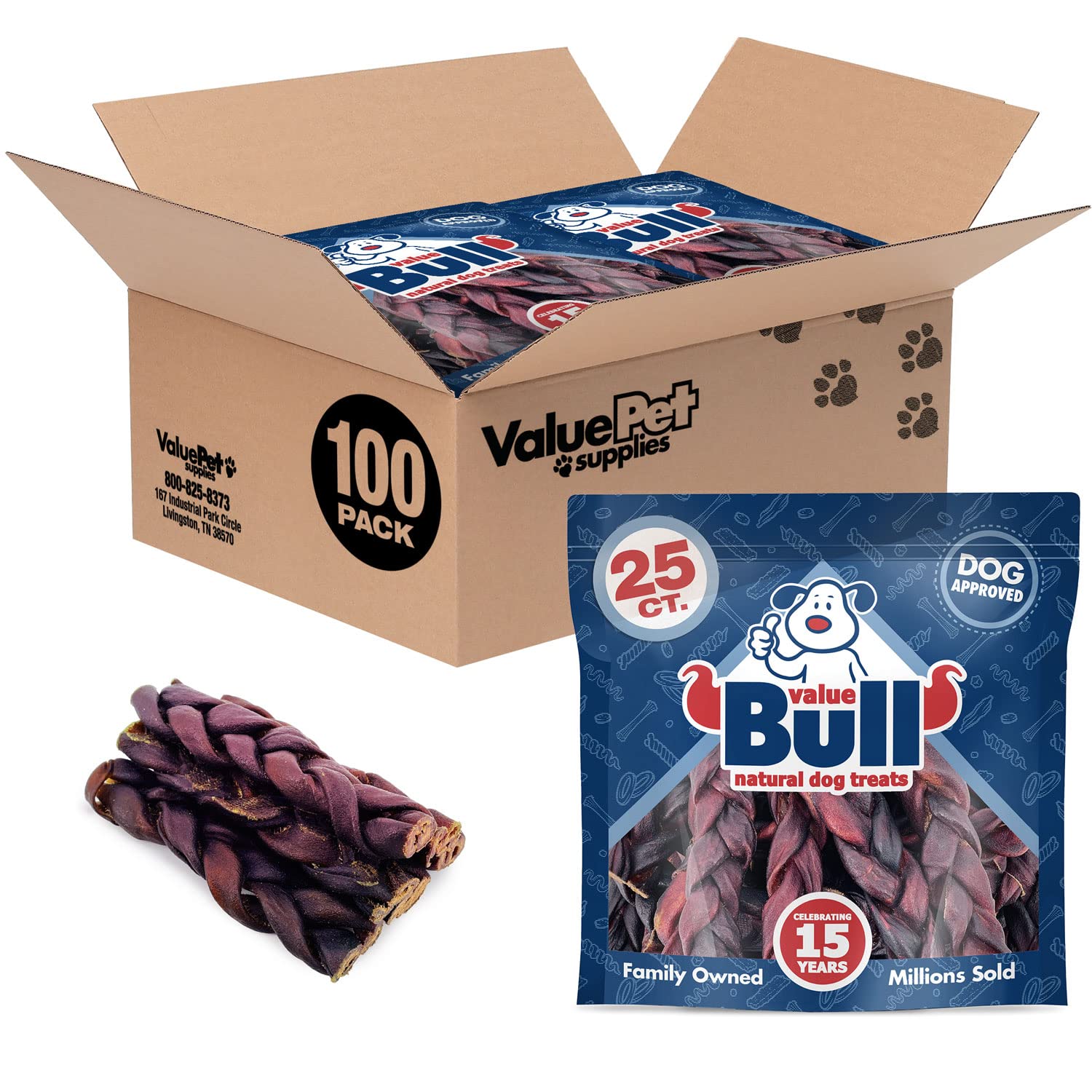 ValueBull USA Collagen Braid Beef Large Dog Chews, Thick 6 Inch 100 Count - Natural Glucosamine & Chondroitin for HIPS, Joints, 