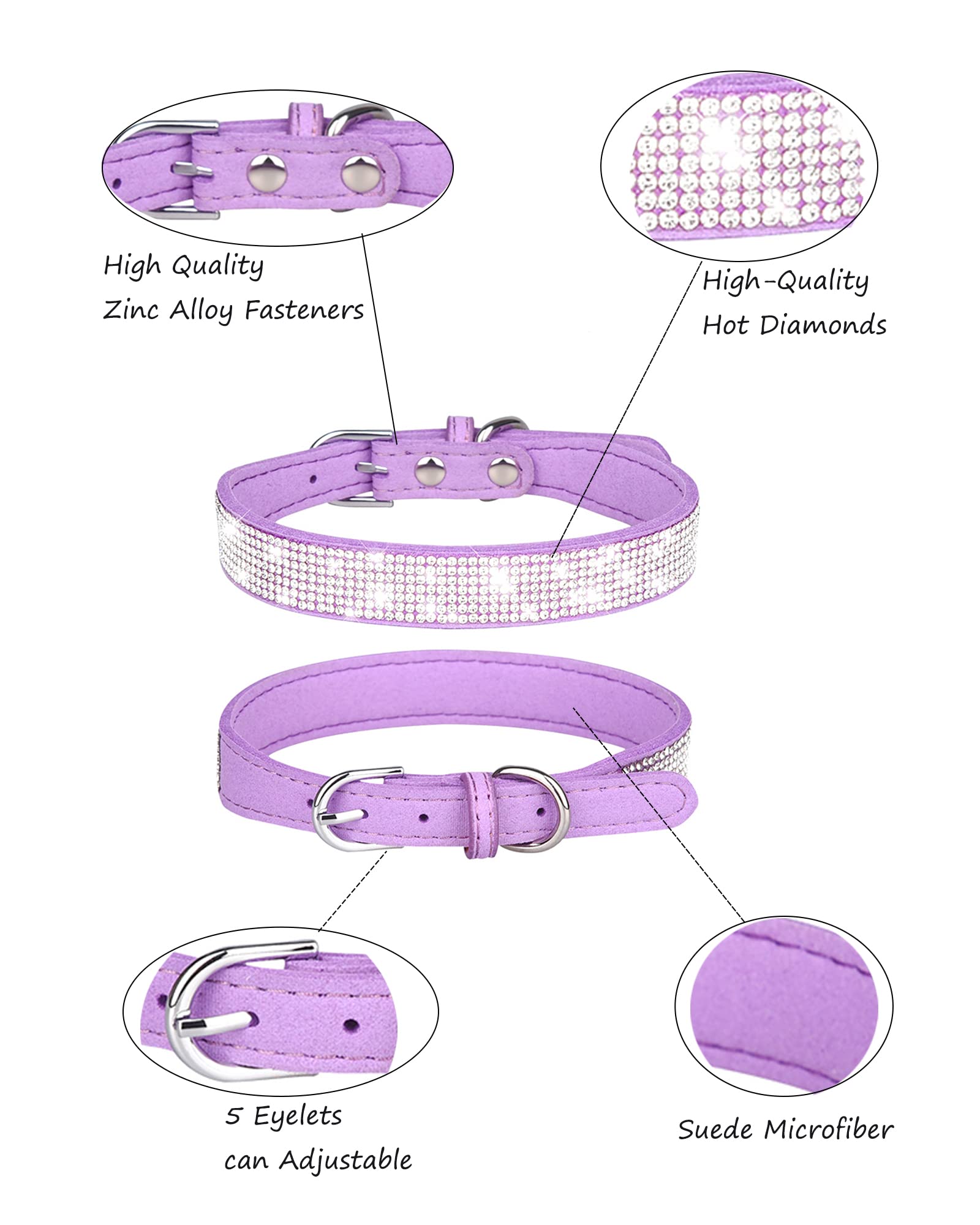 Dog Collar For Large Dogs, Adjustable Leather Suede Bling Dog Collars,Purple Dog Collar Cat Collar, Rhinestone Dog Collar(L, Pur
