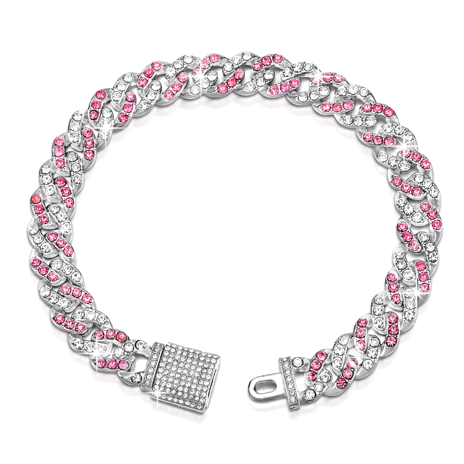 9Inch Glitter Dog Collar Pink Silver Diamond Collars Cuban Girl Necklace Puppy Pet Metal Link Chain With Buckle Christmas Pet Jewelry Accessories Chain For Small Dogs Cats
