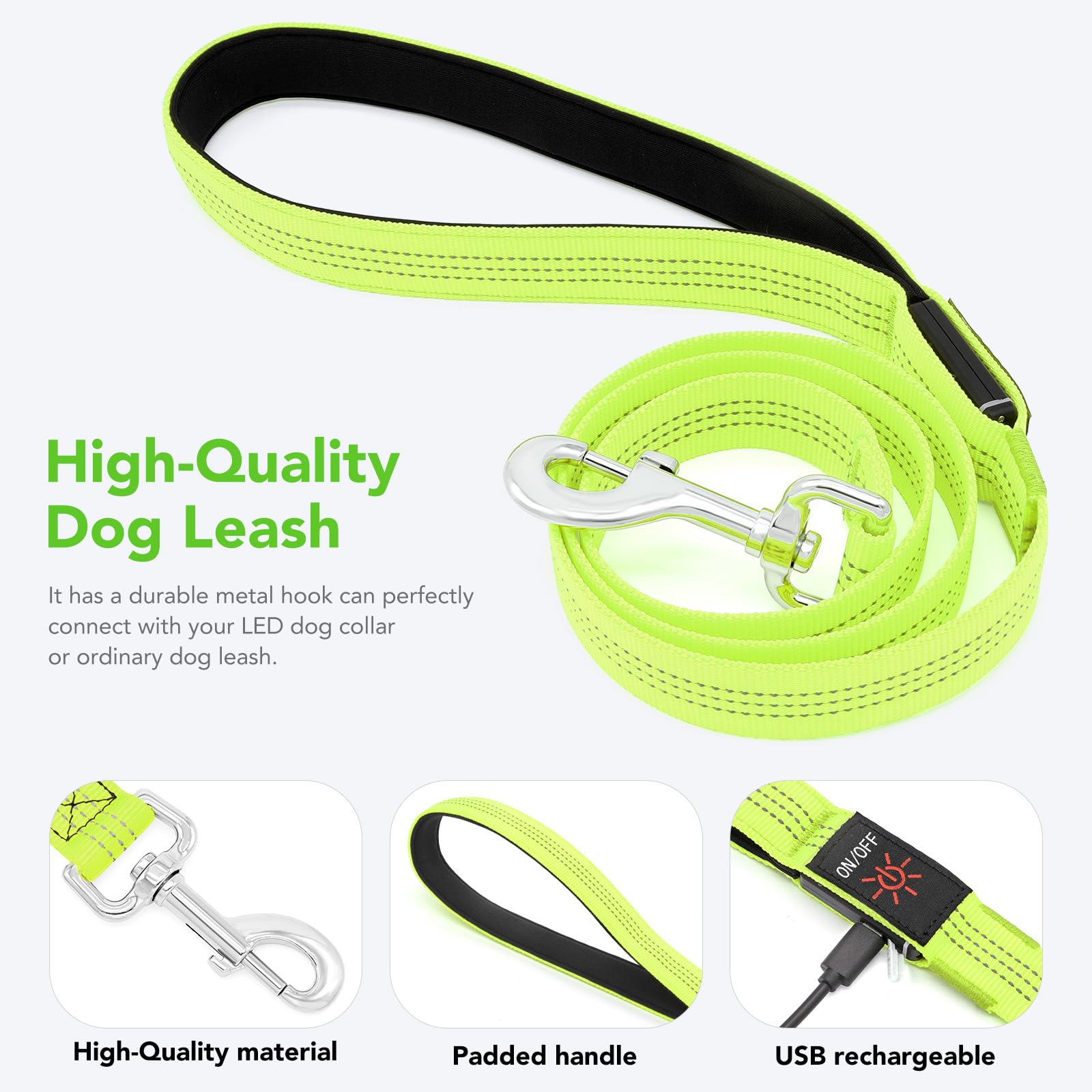 Colaseeme Light Up Dog Leash, 4Ft Led Pet Leashes Micro Usb Rechargeable, Nylon Glow Safety Dogs Lights At Night (Green-New)