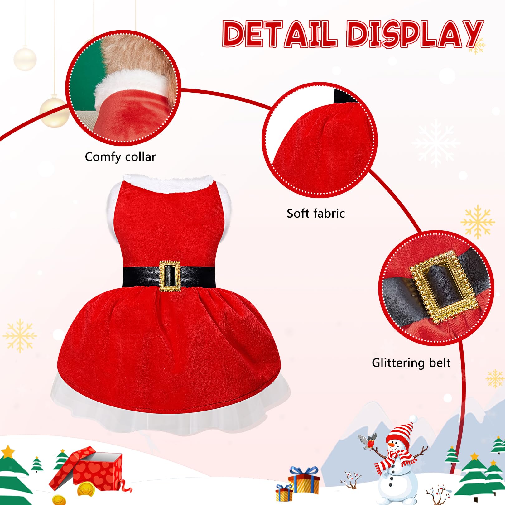 Dog Christmas Dress Santa Costumes: Puppy Girl Dresses Holiday Theme Doggie Xmas Apparel Party Skirts With Belt, Winter Warm Chr