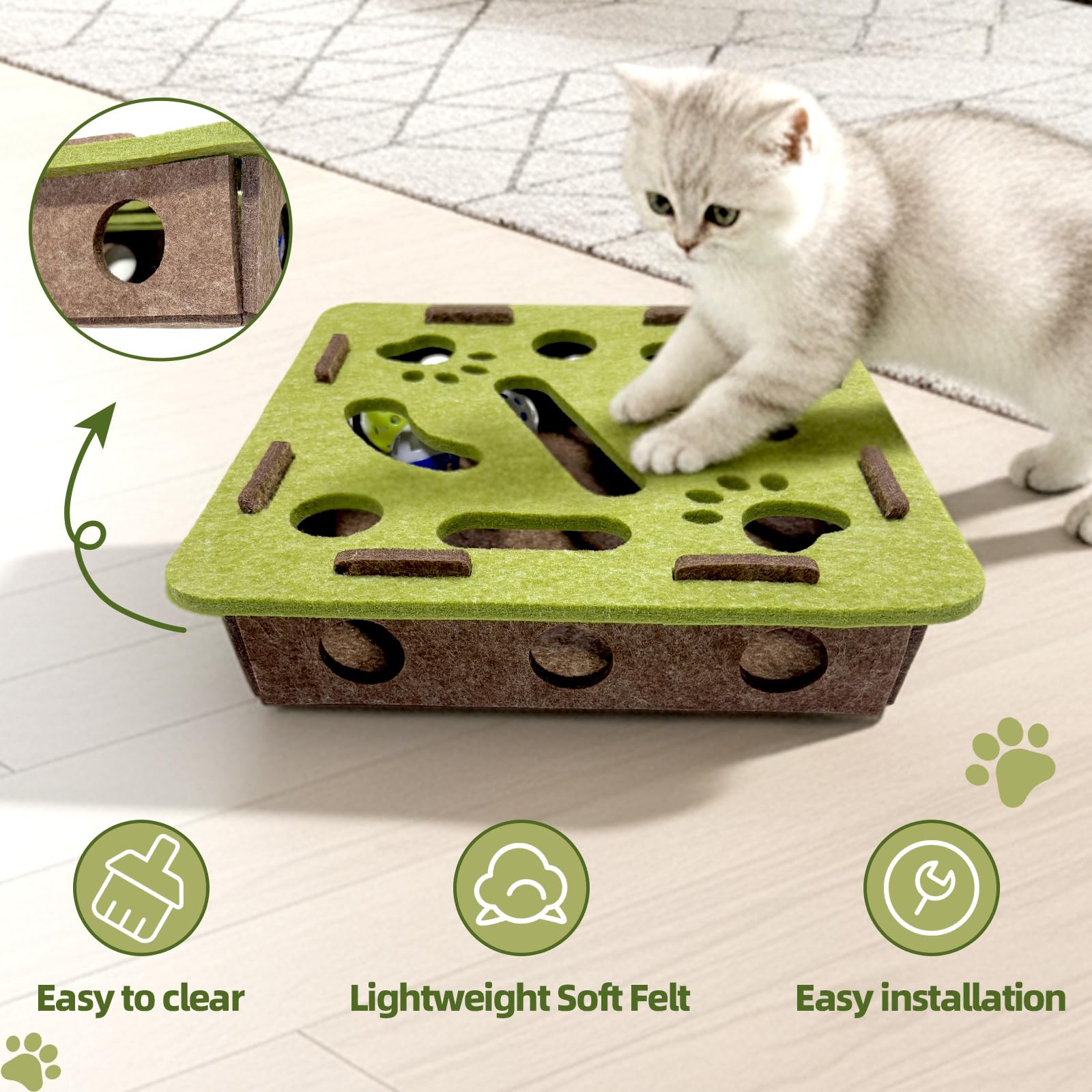 OVRRCSME Interactive Soft Felt Cat Puzzle Toy with Ball and Bell