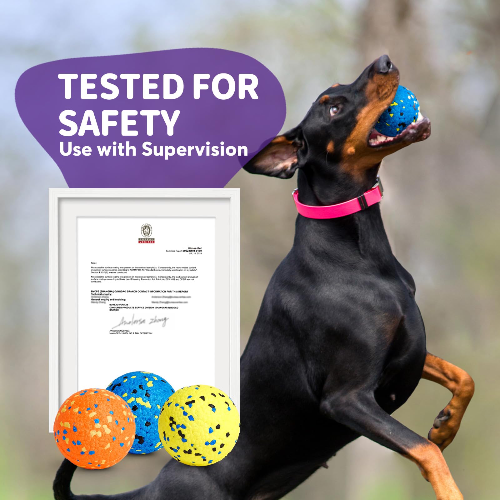 Kimee Dog Balls - Tennis Balls for Aggressive Chewers, 3.15'' Size, 3 Pack, Durable ETPU, Yellow Blue Orange