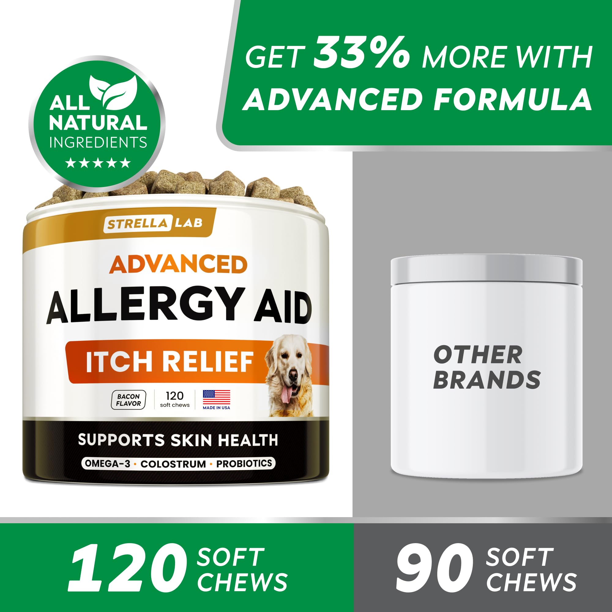 StrellaLab Dog Allergy Relief & Anti Itch Support Chews w/Omega 3: Real Ingredients, Real Taste! Skin & Coat Immune Supplement w