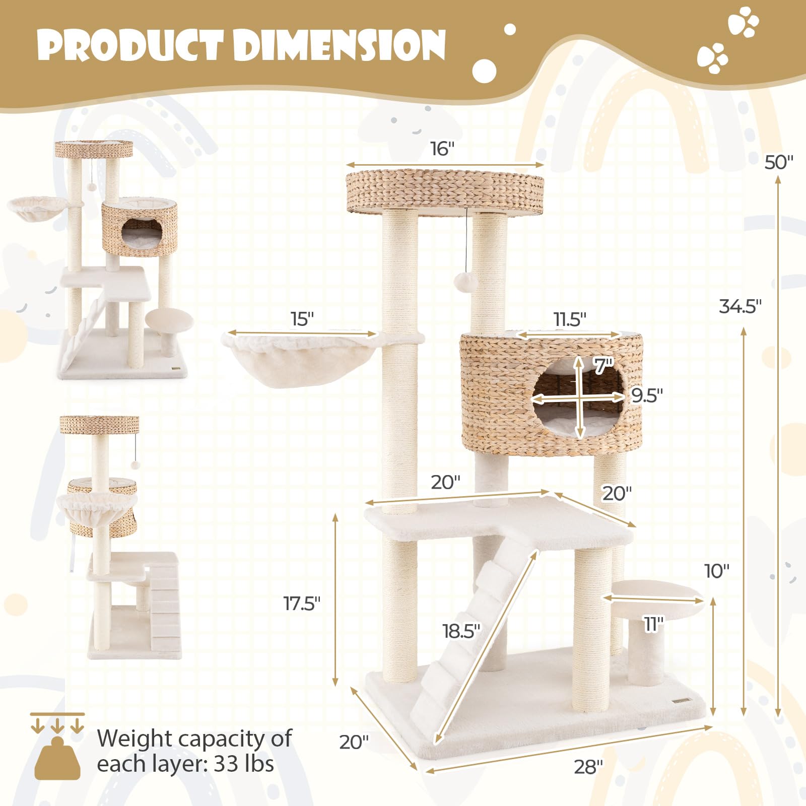 Tangkula Modern Cat Tree, 50 Inch Multi-Level Cat Tower With Cattail Fluff Condo & Top Perch, Hanging Basket, Platforms, Ladder,