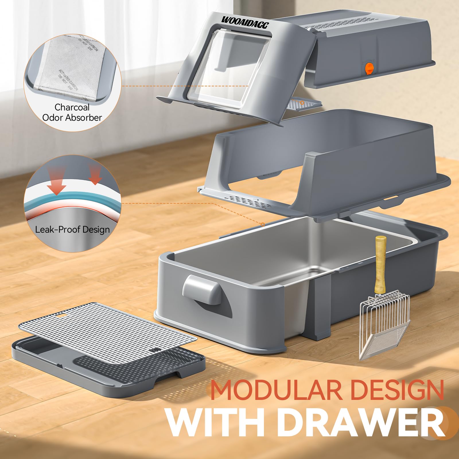 Wooaidagg Covered Stainless Steel Cat Litter Box With Odor Control, Modular Design With Drawer, Easy To Clean With Scoop,Xl Size