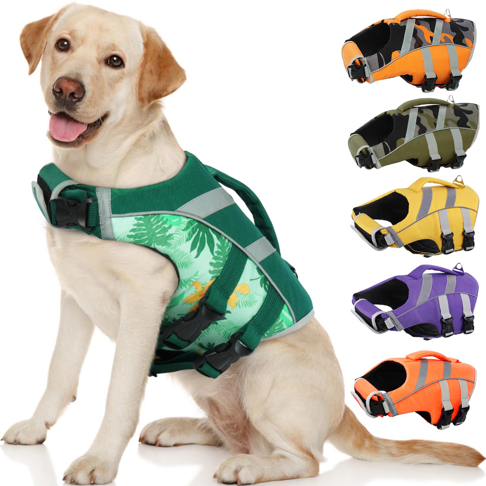 Kuoser Dog Life Jacket (DarkGreen, Large) - Adjustable High Visibility Ripstop Vest with Reflective Stripes, Top Handle & Leash 