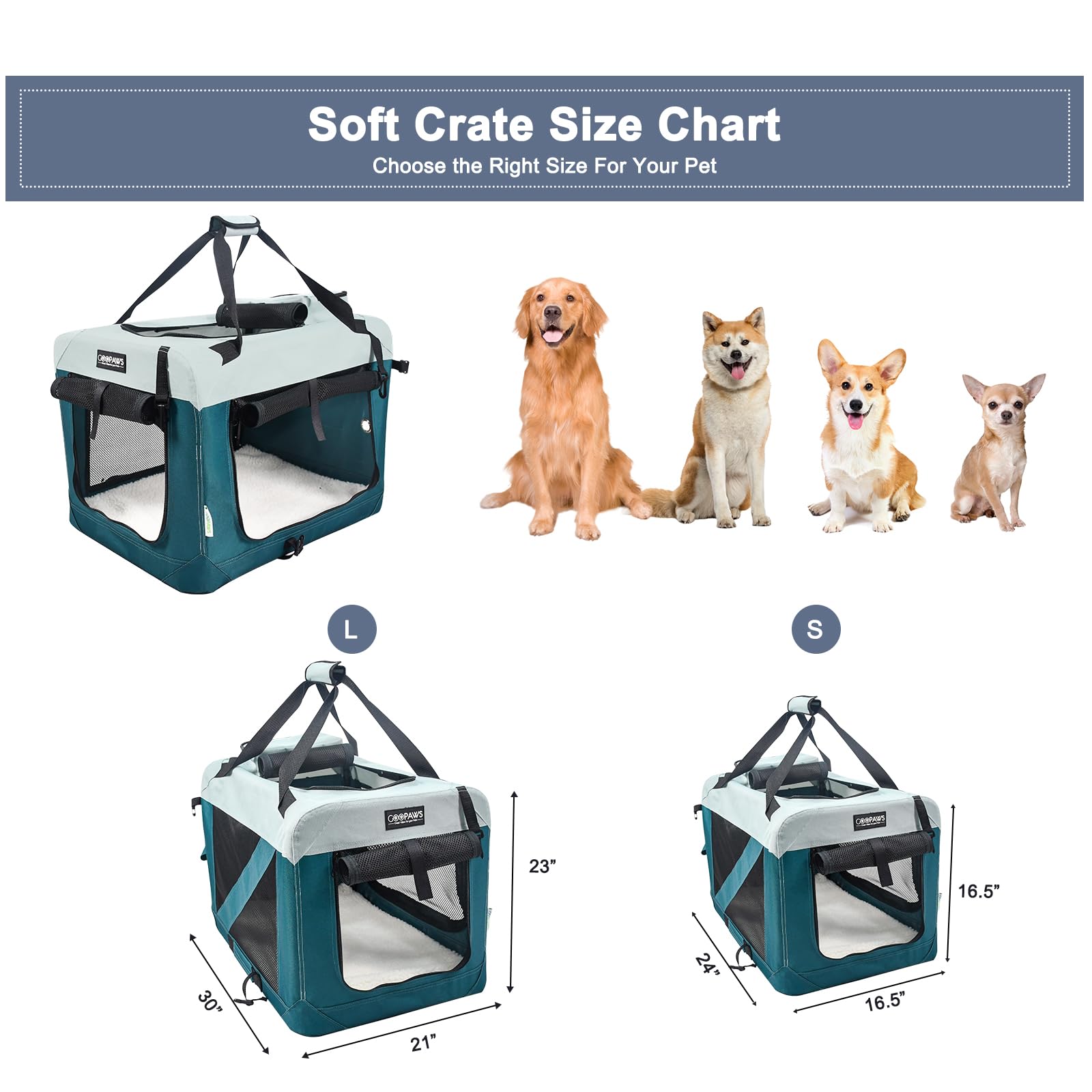 JESPET Soft Dog Crates Kennel for Pets, 3 Door Soft Sided Folding Travel Pet Carrier with Straps and Fleece Mat for Dogs, Cats,