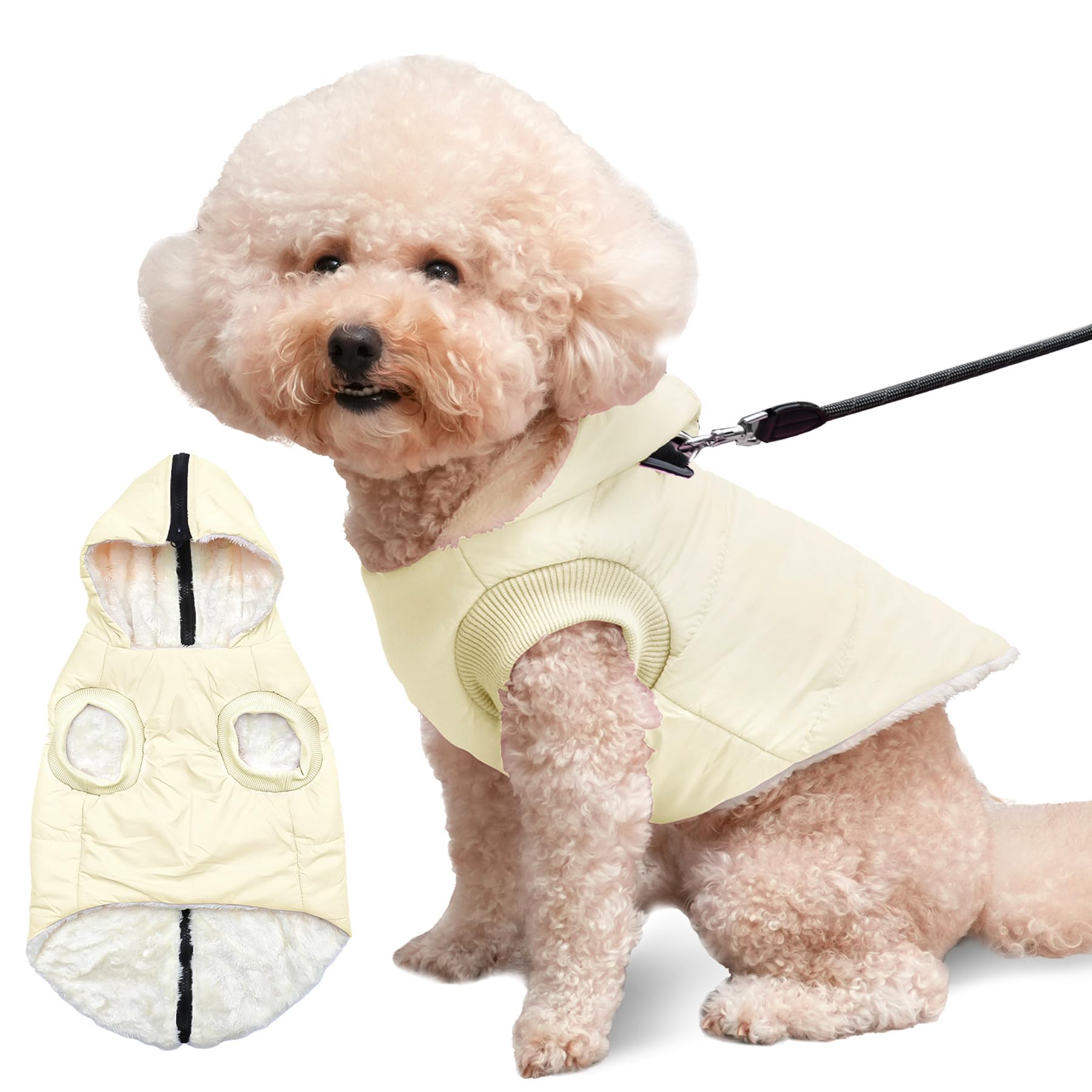 Vecomfy Fleece Lining Dog Hoodie With Harness Built In,Extra Warm Small Dog Jacket In Winter Puppy Coats With Hooded,Light Yellow S