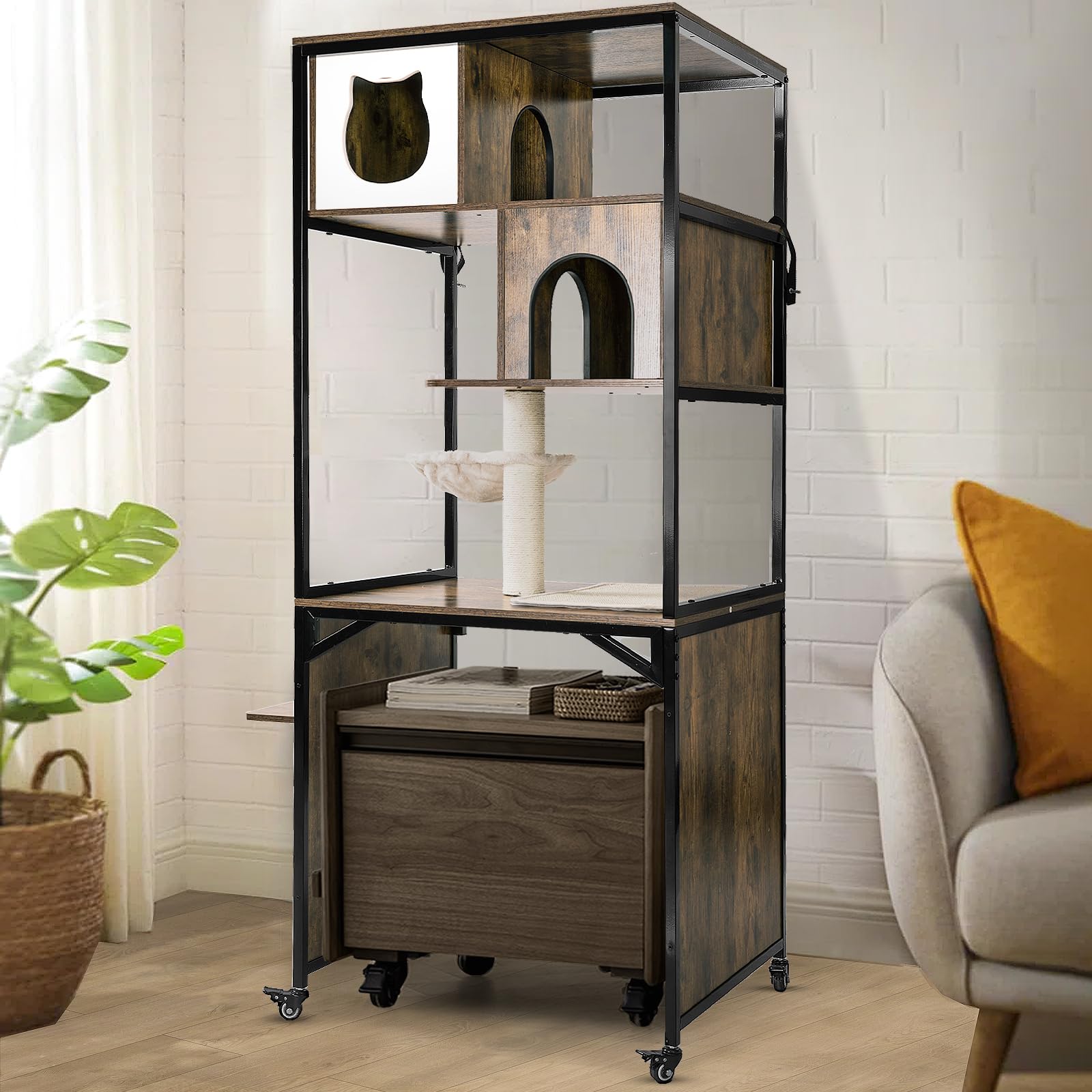 Gutinneen Cat Litter Box Enclosure 2-In-1 Wooden Hidden Washroom Furniture Large Indoor Cat House With House Condo,Scratch Post,