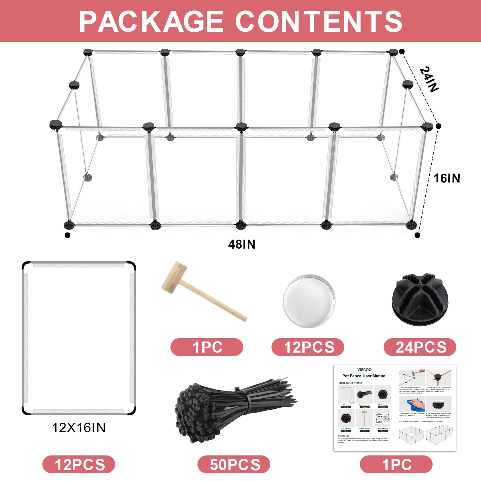 Viscoo 12 Panels Transparent Small Animals Playpen,48'' X 24'' X 16'' Portable Pet Playpen,Plastic Enclosure,Puppy Play Pen For