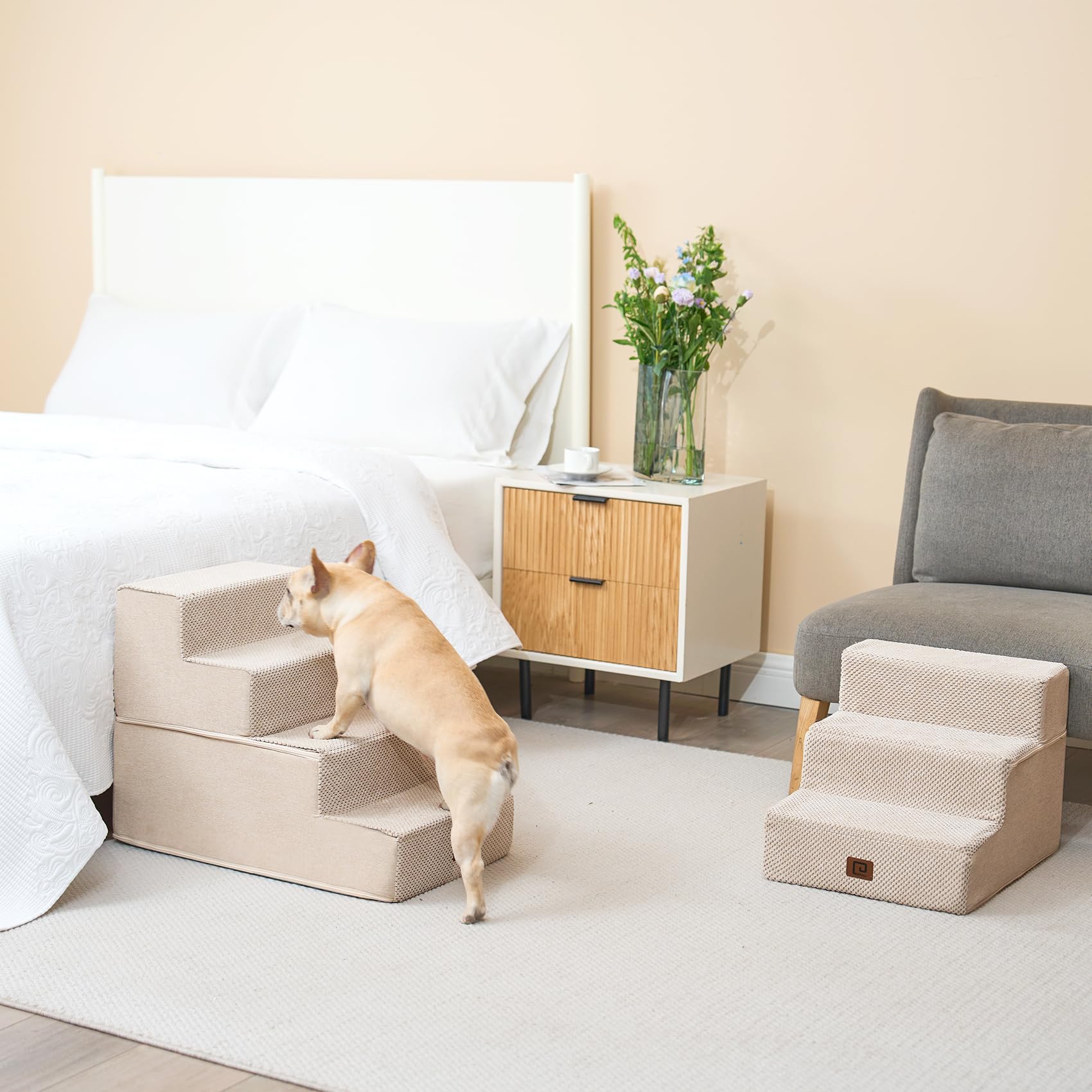 Eheyciga Dog Stairs For Bed 18”H, 4-Step Dog Steps For High Bed, Pet Steps For Small Dogs And Cats, Non-Slip Balanced Dog Indoor Ramp, Beige