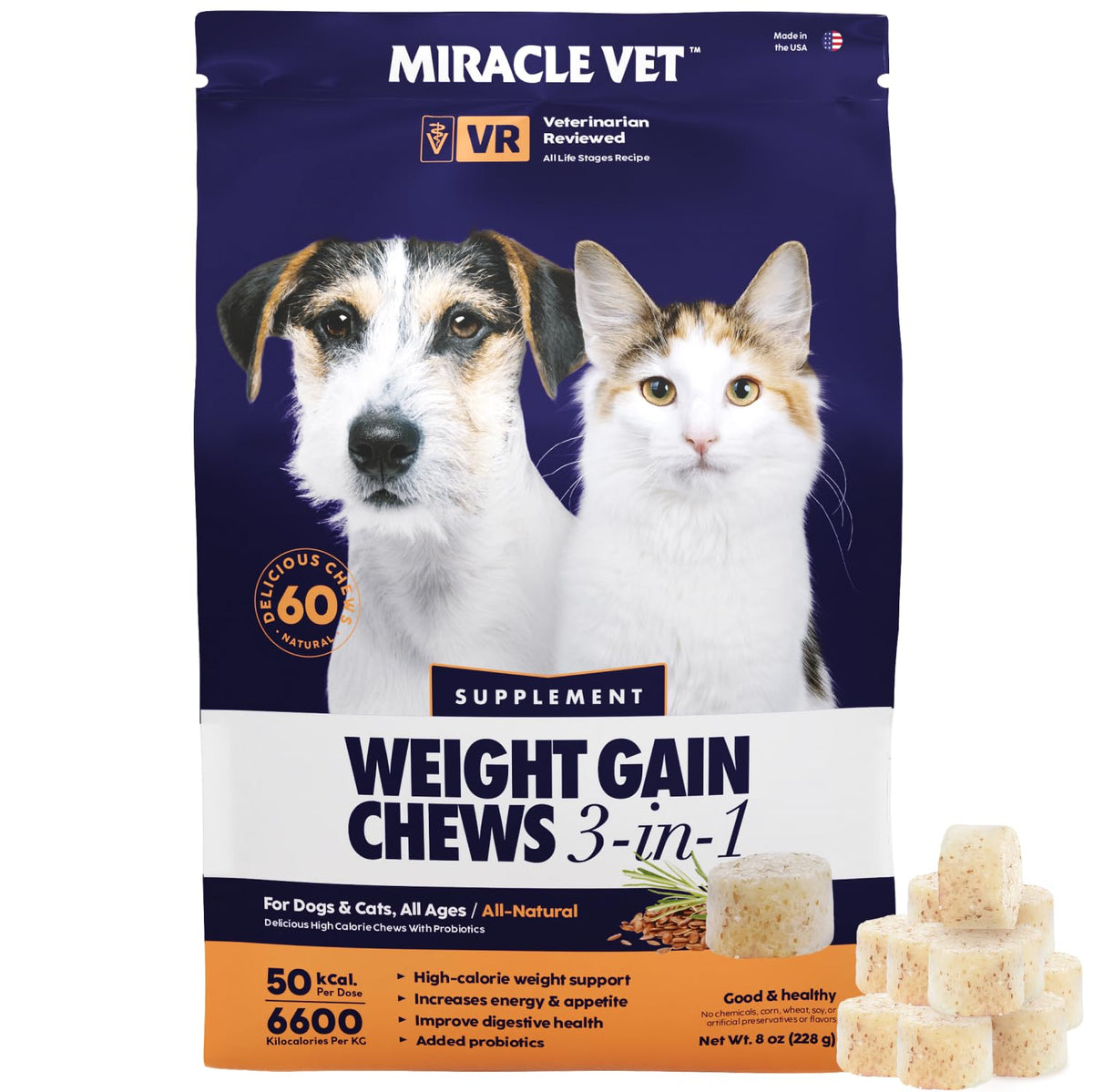 Miracle Vet High Calorie Weight Gain Chews For Dogs And Cats | 3-In-1 Cat & Dog Supplement, Soft Treats For Pets - Recovery Weight Gainer With Vitamins And Probiotics - 60 Chews