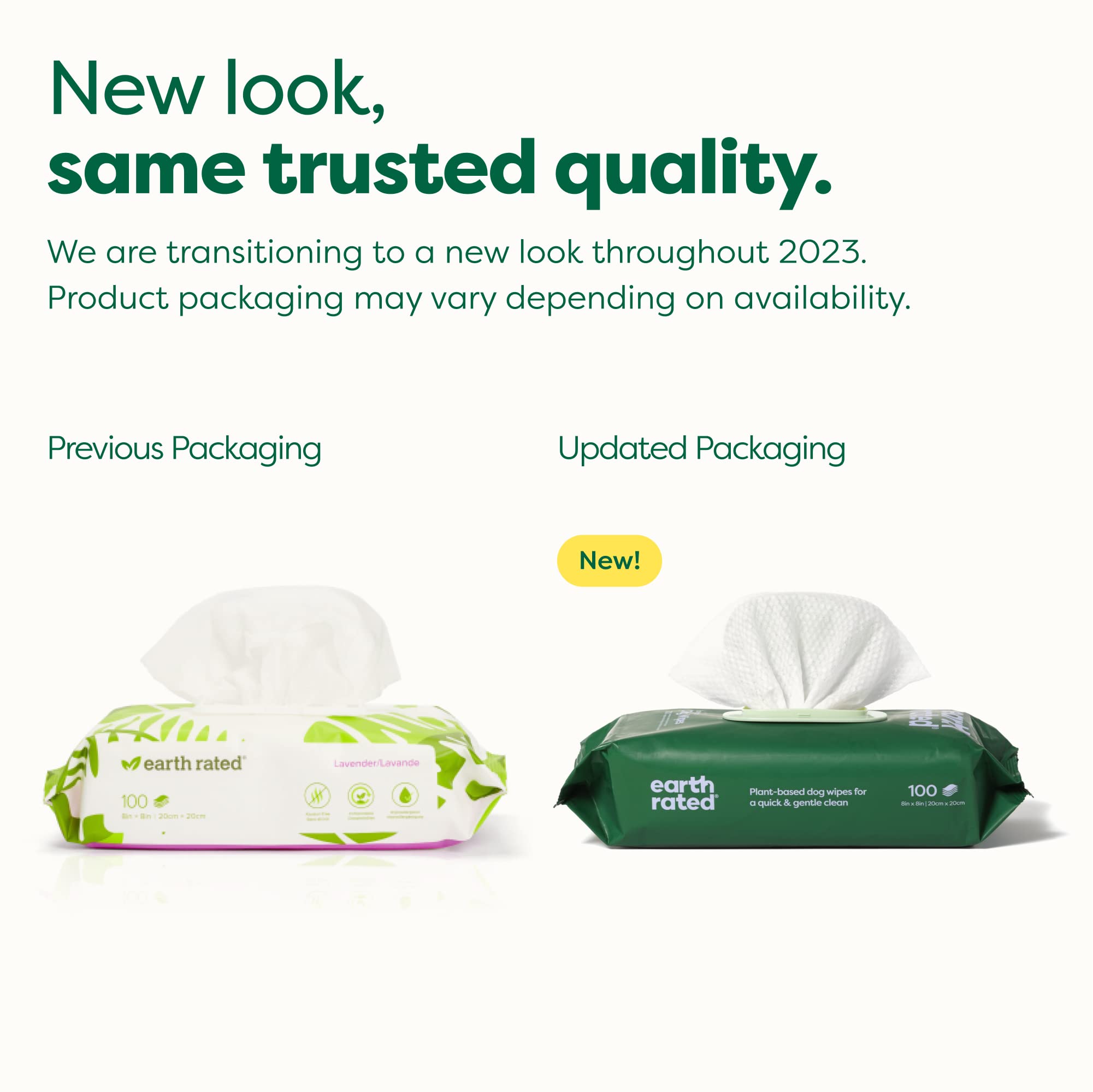 Earth Rated Dog Wipes, New Look, Thick Plant Based Grooming Wipes For Easy Use On Paws, Body And Bum, Lavender Scented, 100 Count