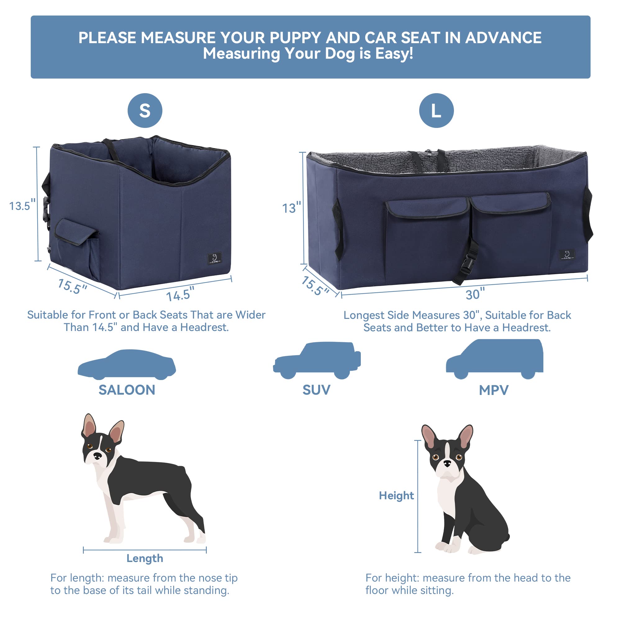 A4Pet Dog Car Seat Medium Large Size Dog - Large Dog Car Seat For 2 Dogs Large Dogs With Washable Cover, Safety Leashes, Storage Pockets - Pet Car Seat, Dog Booster Car Seat - Foldable & Portable