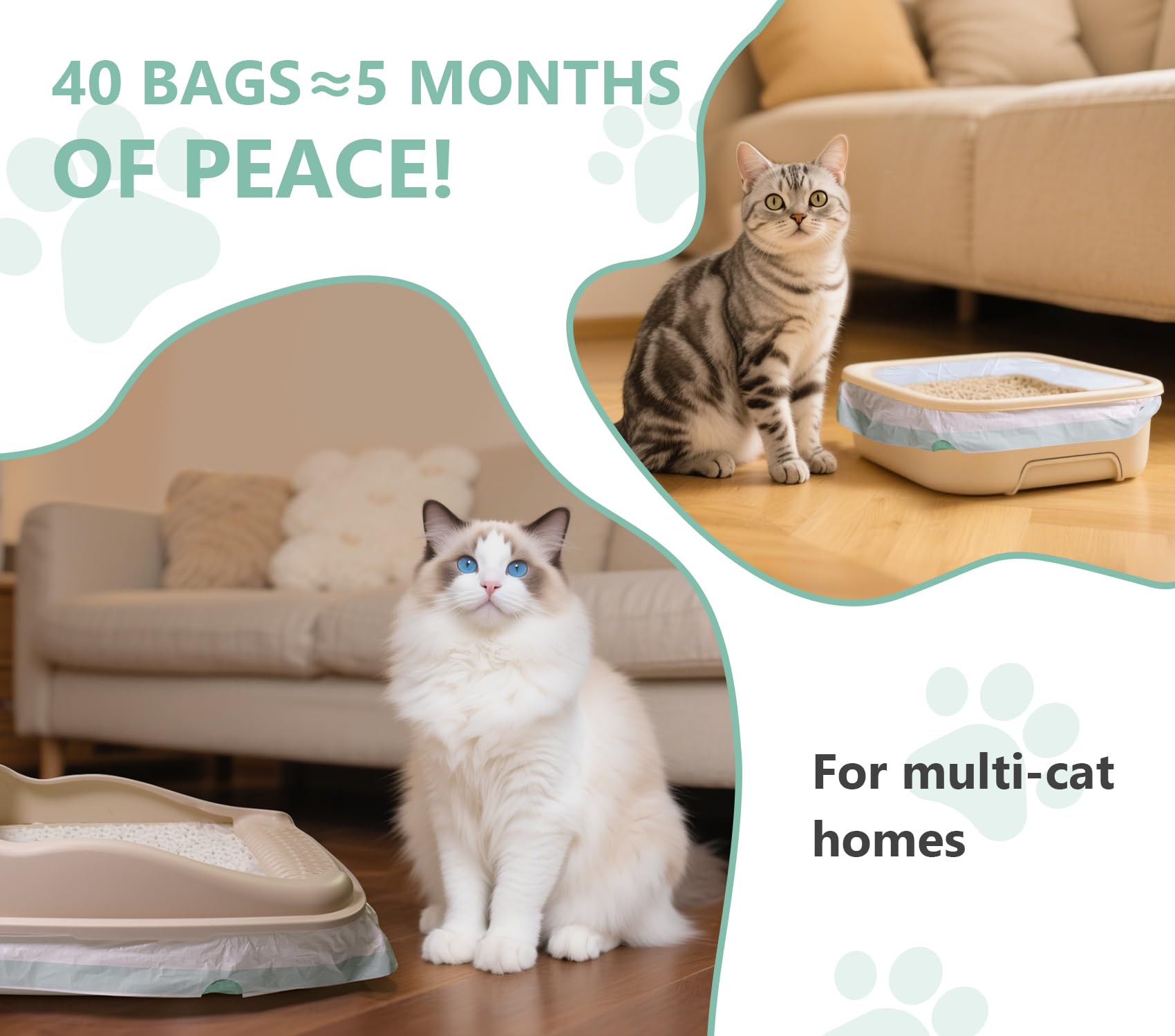 Zeling HTL Jumbo Cat Litter Box Liners 40 Ct - Extra Large 37 x 18 Drawstring Litter Pan Liners, 2 Mil Thick Scratch-Resistant,