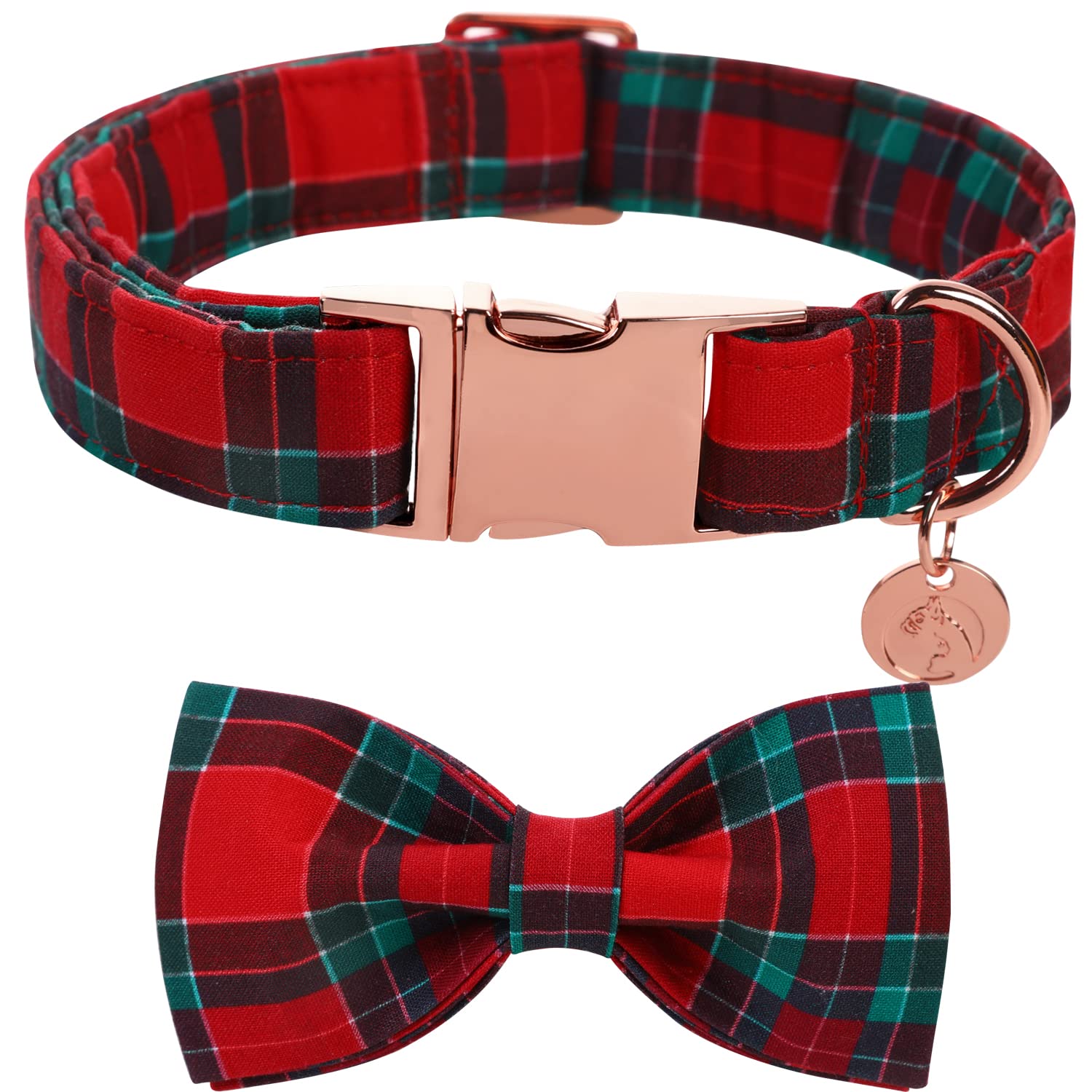 Dogwong Christmas Dog Collar With Bow Tie, Red Plaid Dog Collar Soft Durable Adjustable Cotton Red Green Tartan Puppy Collar For