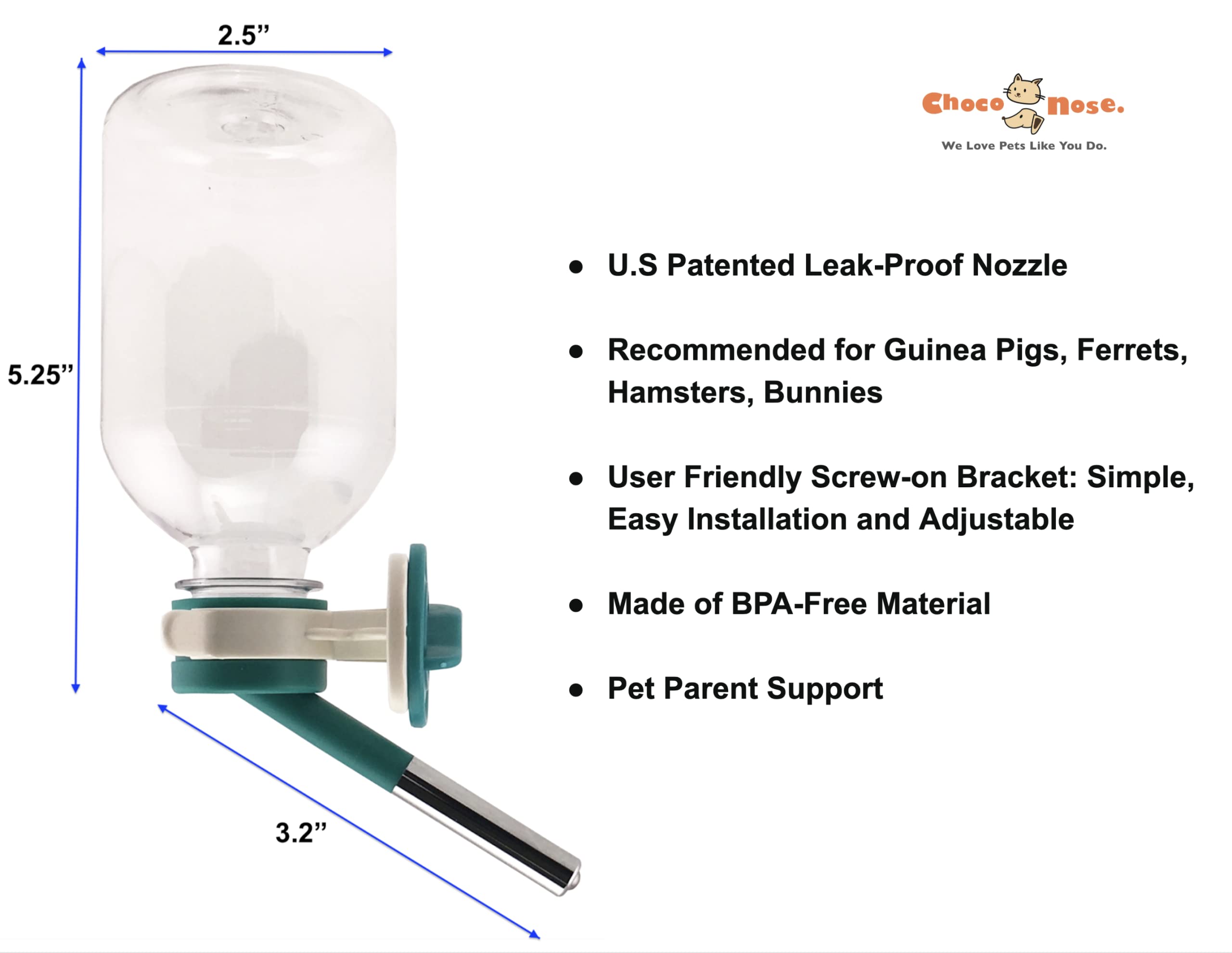 Choco Nose Patented No-Drip Water Bottle/Feeder For Guinea Pigs/Hamsters/Bunnies/Ferrets/Other Small Pets, Critters And Animals - For Cages, Crates Or Wall Mount. 10.2Oz. Nozzle 10Mm, Green (C128)