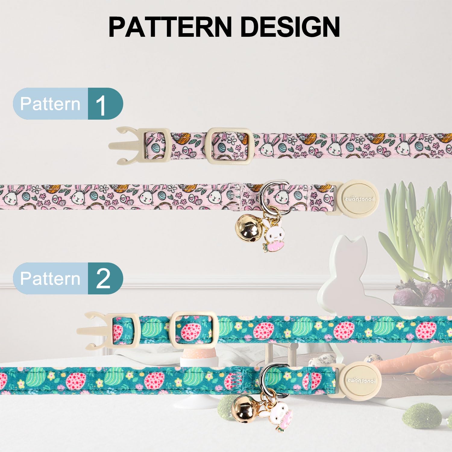 Lionet Paws 2Pcs Pack Easter Cotton Cat Collar,Breakaway Buckle With Rabbit And Floral Eggs Cute Adjustable Green Cat Kitten Col
