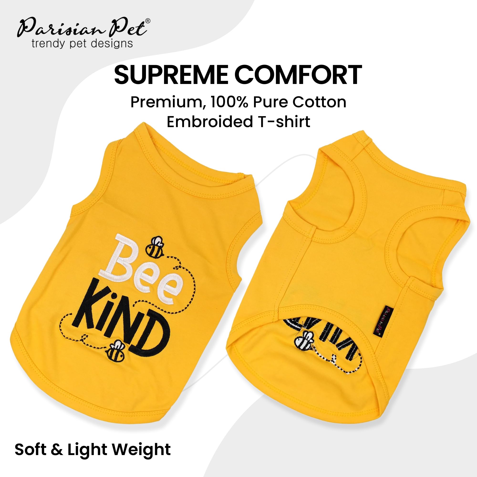 Parisian Pet Dog Tshirt - Embroidered Bee Kind Dogs Clothes - Lightweight Dog Tank Top - 100% Cotton, Sleeveless Doggy Tee Shirt