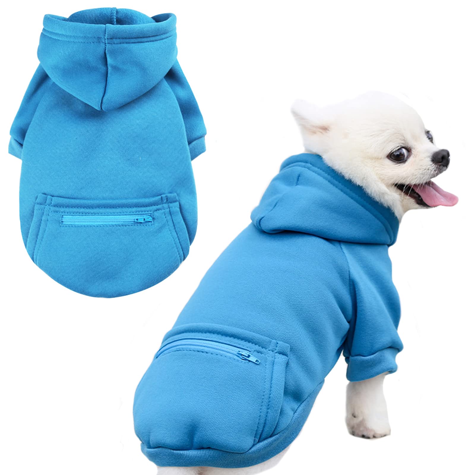 Petcare Blue Winter Warm Dog Sweater - Soft Fleece Hooded Sweatshirt With Pocket - Small Dog Clothes For Chihuahua, Yorkies, Fre