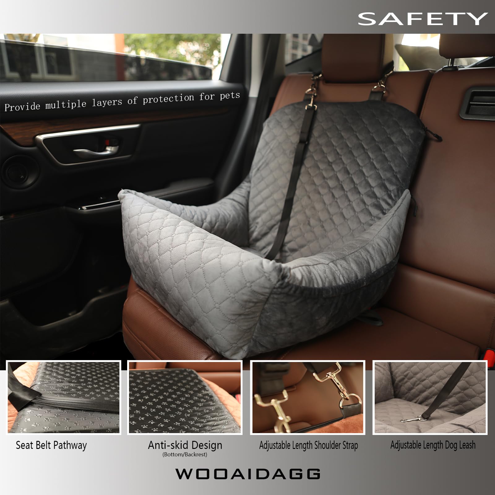 WOOAIDAGG Dog Car Seat,Fully Detachable and Washable Cover,Easy to Assemble,Comfy Cushion Fill in Memory Foam,2 Clip-On Safety L
