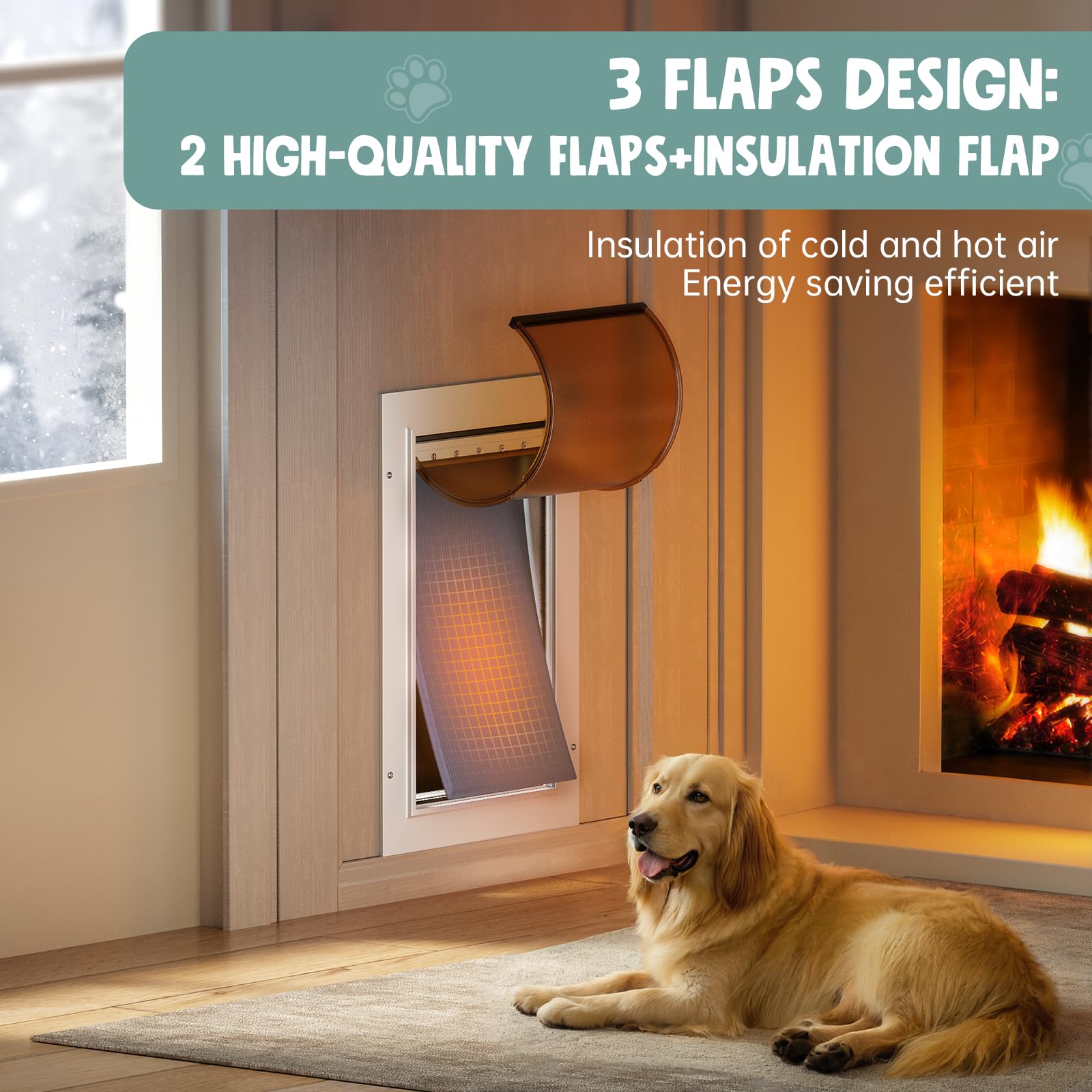 Dog Door For Door All Aluminum Alloy 3 Flaps White, Medium Doggy Doggie Door, Cat Door Heavy Duty Pet Door For Dogs, Insulation