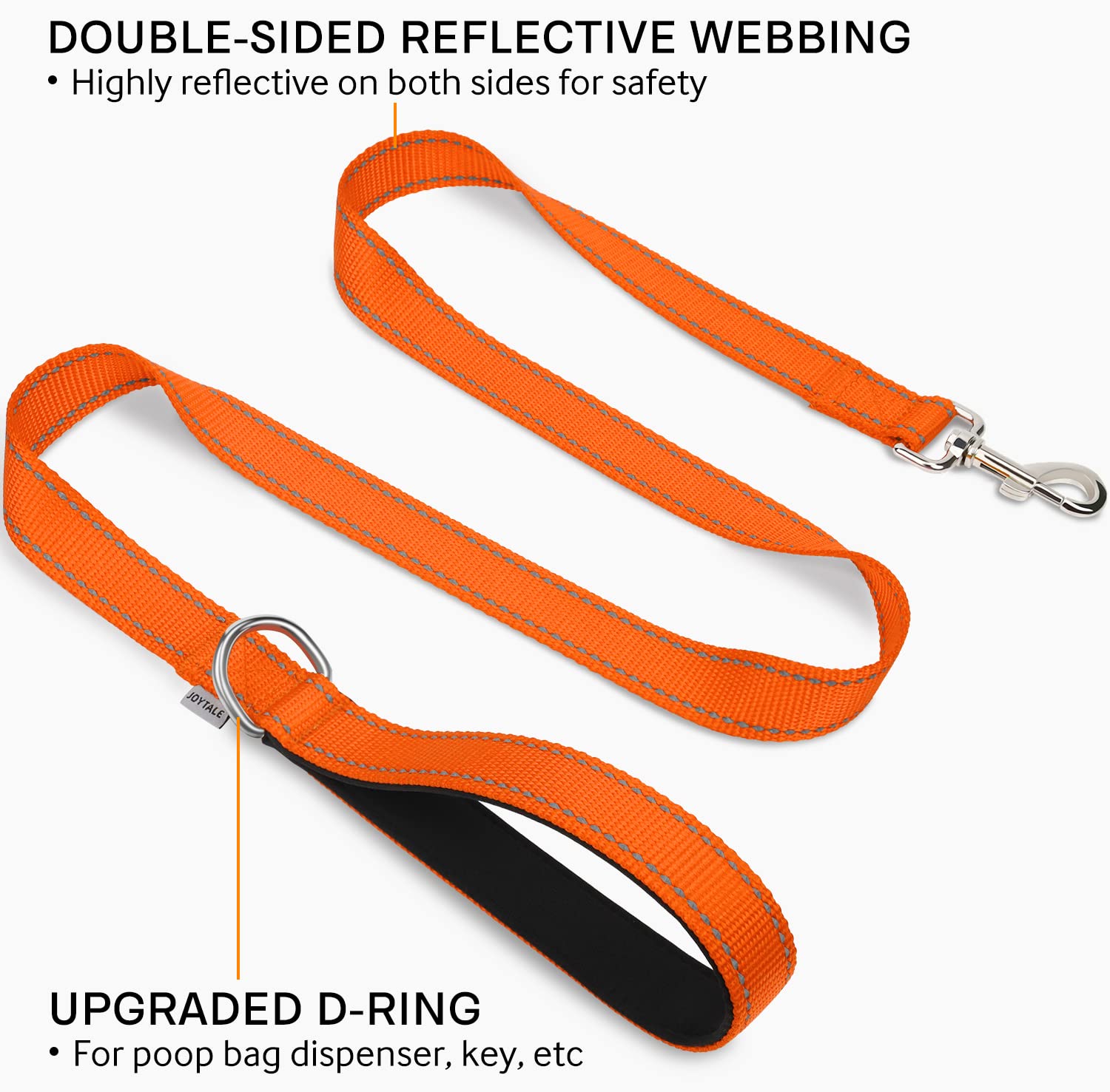 Joytale Double-Sided Reflective Dog Leash, 6 Ft/5 Ft/4 Ft, Padded Handle Nylon Dogs Leashes For Medium & Large Dogs Walking, Orange, 5Ft