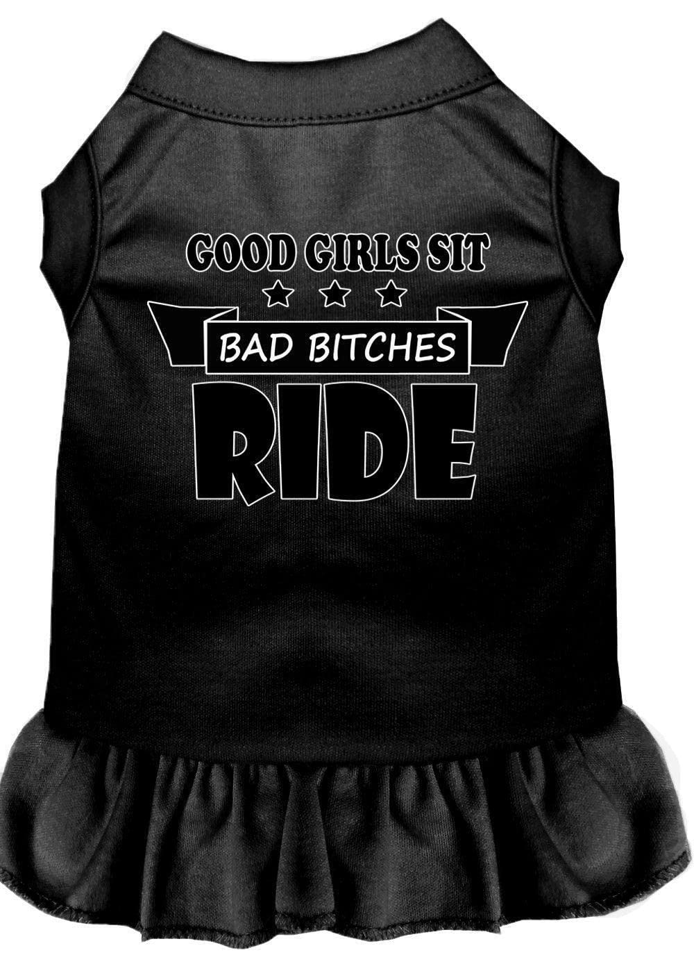 Pet Dog & Cat Dress Screen Printed, Good Girls Sit, Bad Bitches Ride White XS (0-3 lbs.)