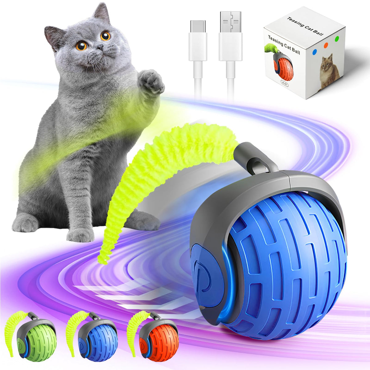 Elodsa 2025 New Interactive Cat Ball Toy, Automatic Moving Cat Balls For Indoor Cats, 360 Rotating Ball Toy, Orange