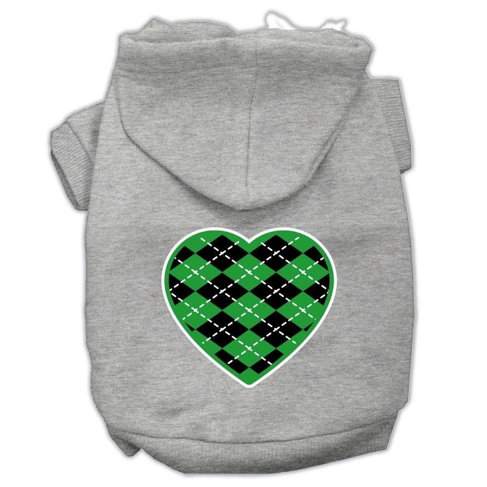 Pet Dog & Cat Hoodie Screen Printed, 'Green Argyle Heart' Grey Md (6-10 Lbs.)