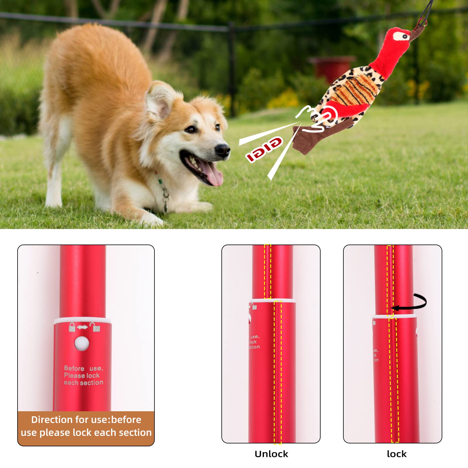 Amyese Interactive Dog Toys - Extendable Flirt Pole With 2Pcs Squeaky Plush Toy Tugs Red Green For Dog Outdoor Entertainment, Train And Exercise