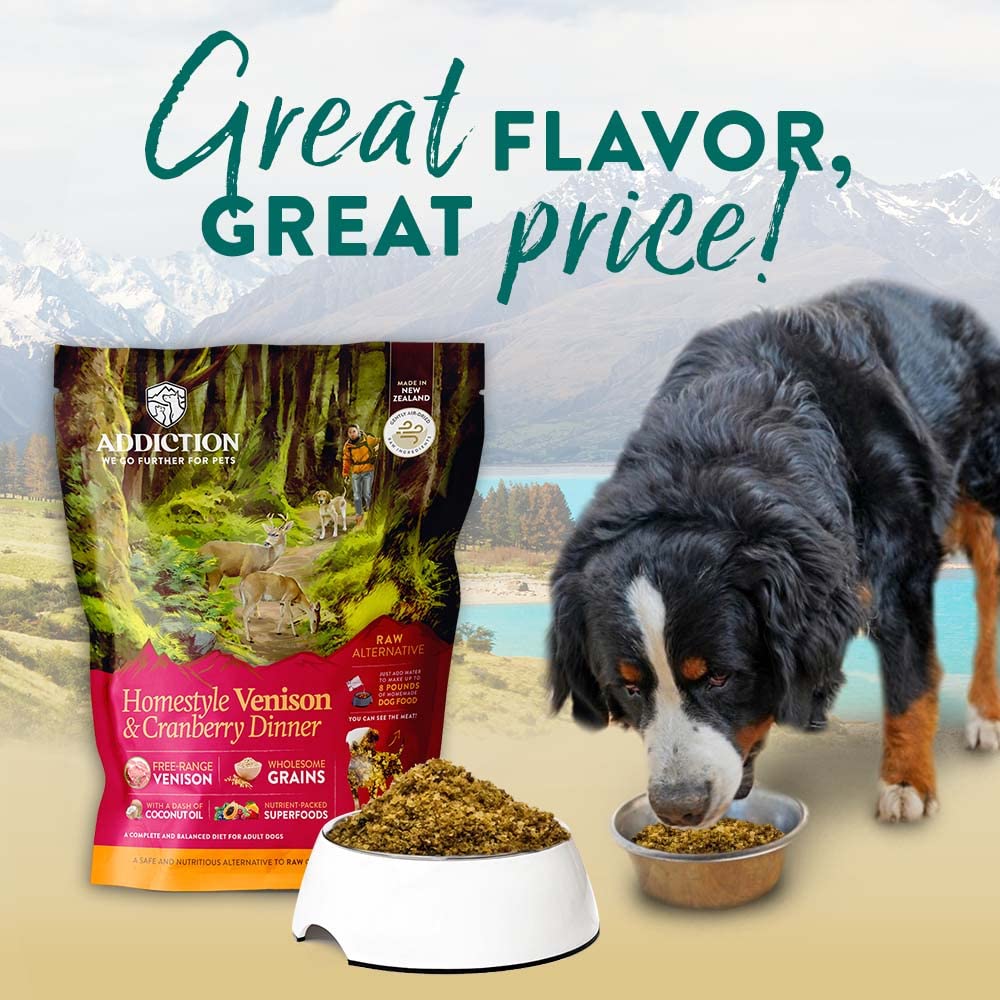 Addiction Homestyle Venison & Cranberry Dinner Raw Alternative Dog Food - Gently Air-Dried Complete Meal or Dog Food Topper for