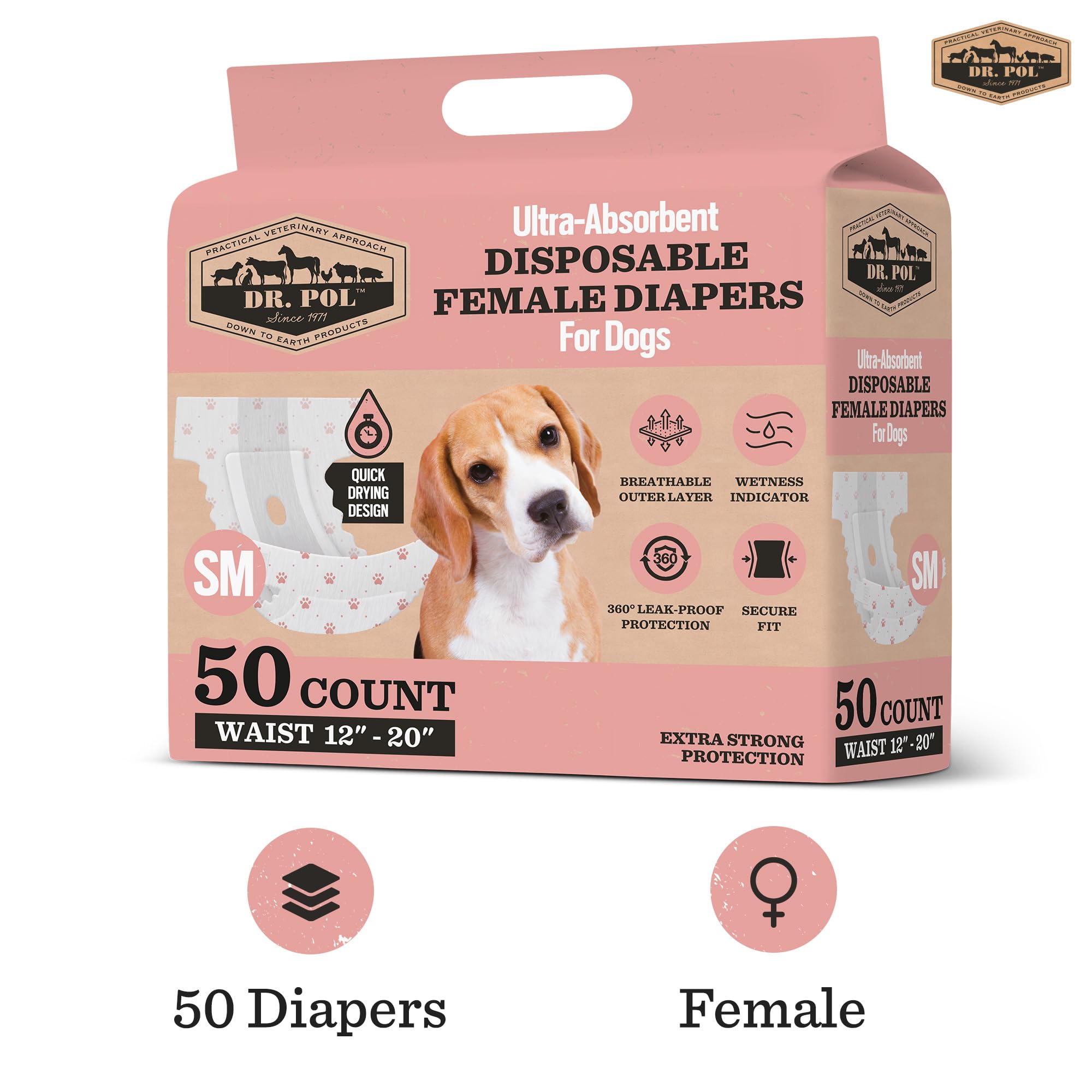 Dr. Pol Female Dog Diapers - Super Absorbent, Breathable, Leak-Proof With Wetness Indicator, Small, 50 Count