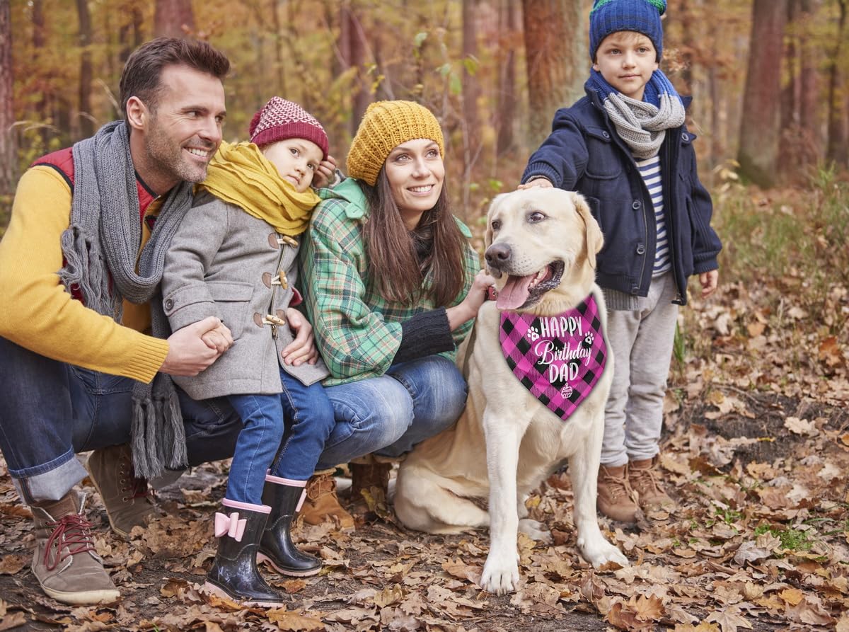 K28 Dog Bandana - Happy Birthday Dad Plaid Dog Scarf Accessory, Pet Scarf Gift For Dad'S Birthday Party