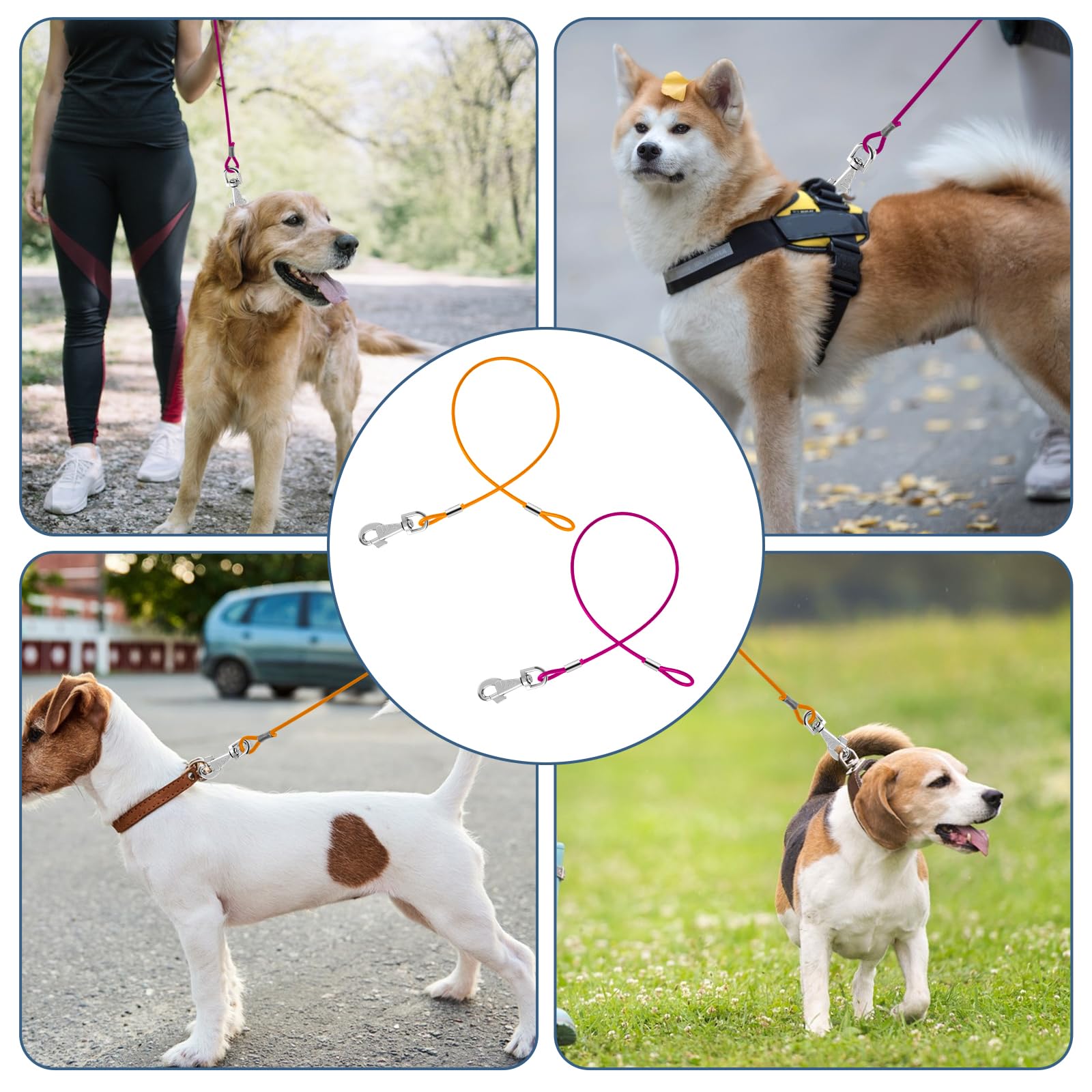 2 Pack Chew Proof Dog Leash Extension Metal Cable Lead, Non-Tangle Connect Leash For Any Leash & Collar & Harness, Heavy Duty Bl