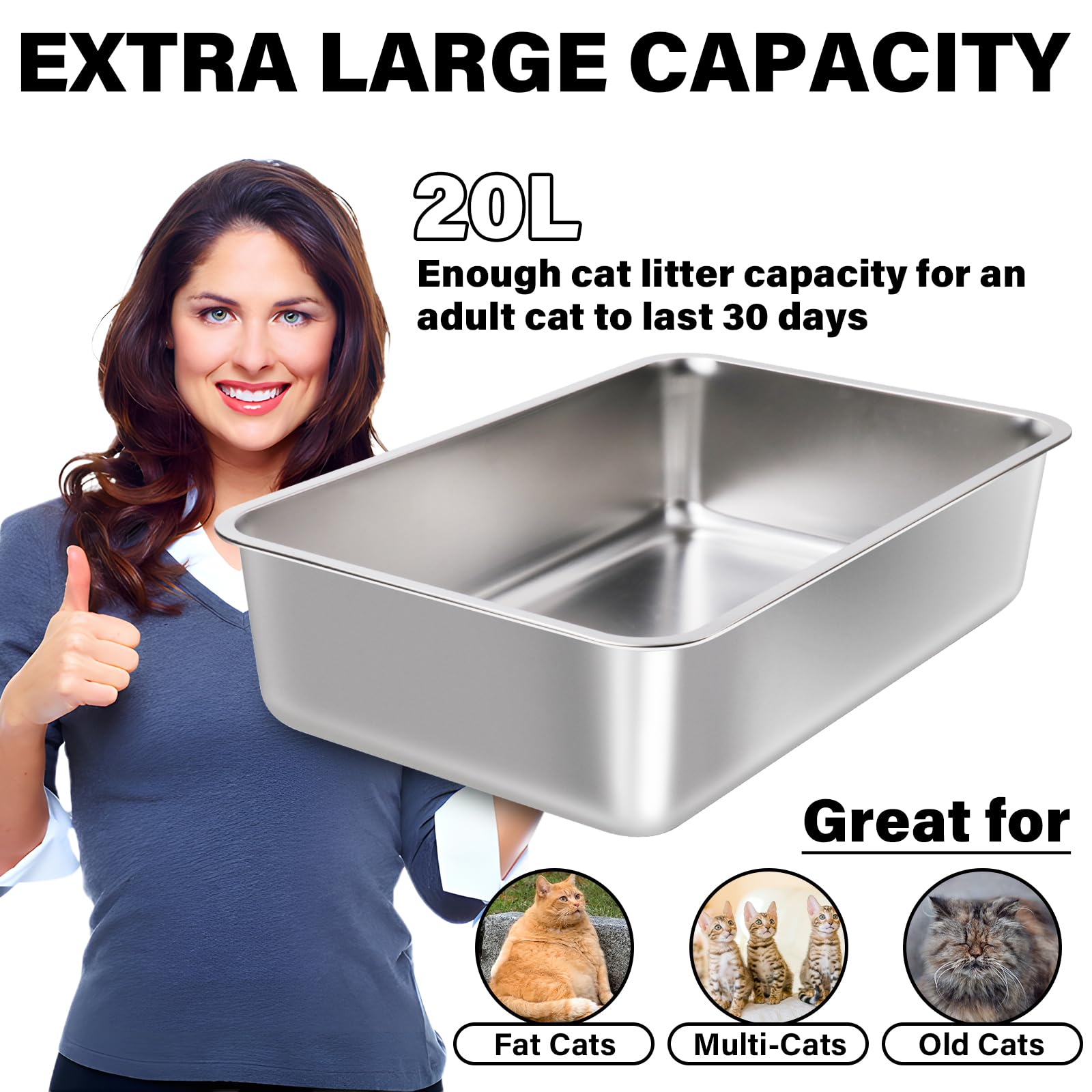 Futam Stainless Steel Litter Box 2 Pack, 23.6X15.7''X6'' Deep Stainless Steel Cat Litter Box Extra Large, Xl Metal Litterbox For