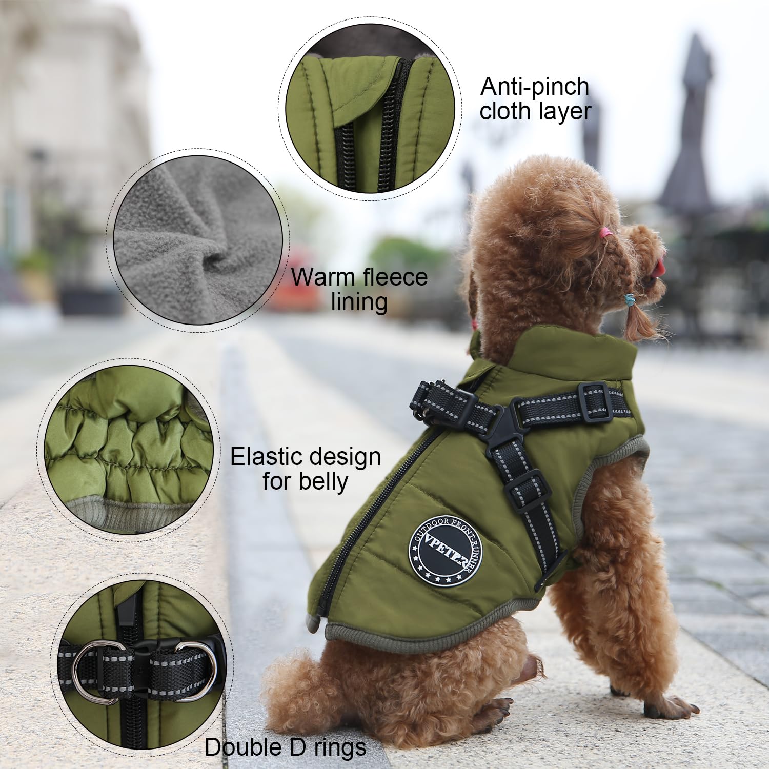 V.Pet Winter Coat With Built In Harness, Dog Jacket Padded Fleece Vest, Warm Cozy Snow Pet Clothes With Zipper For Small Medium
