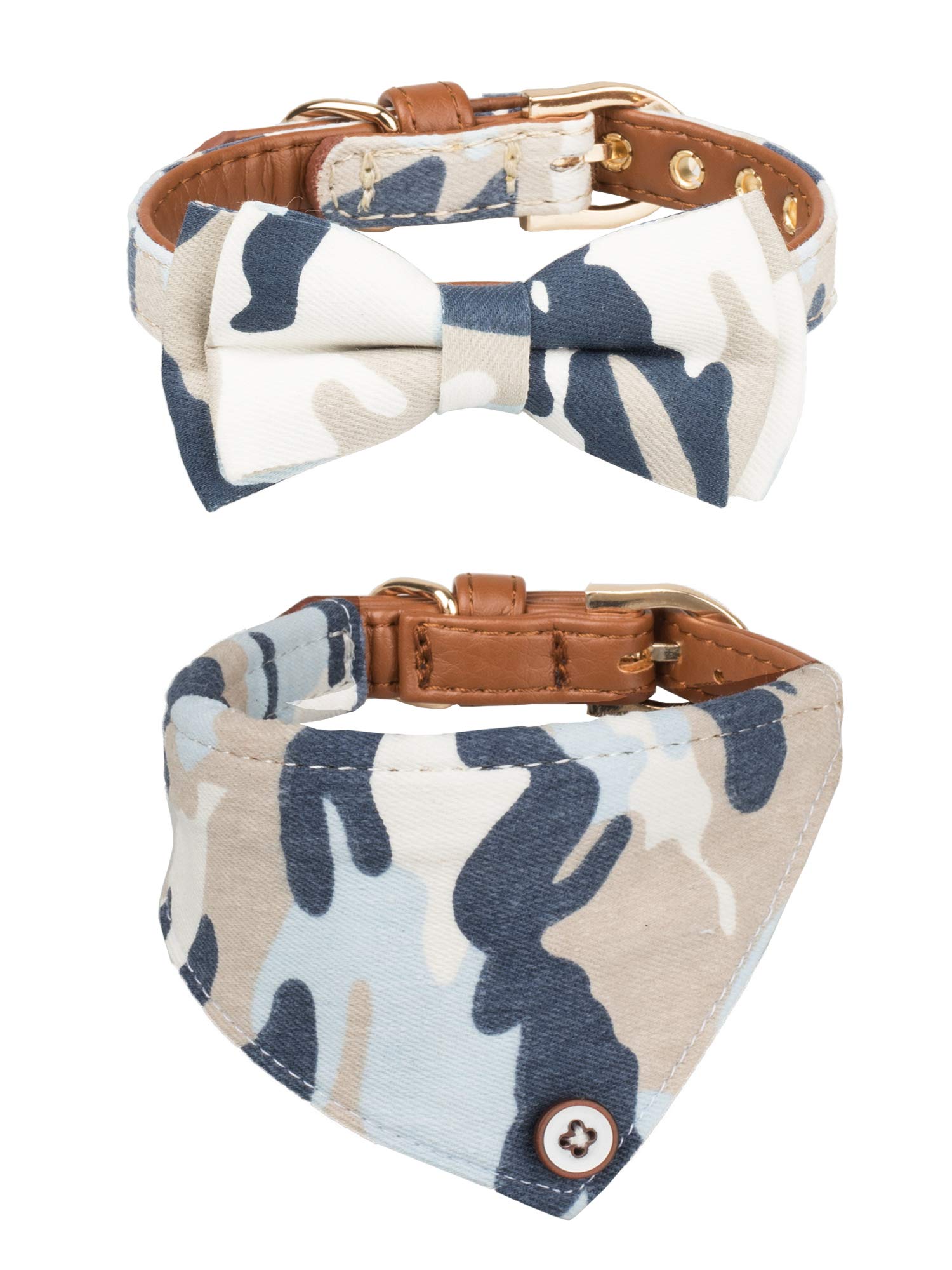 Gyapet Small Dog Collar For Dogs Cat Bow Tie Puppy Kitten Bandana 2Pcs Pu Leather Canvas Scarf Camo Camo-Blue