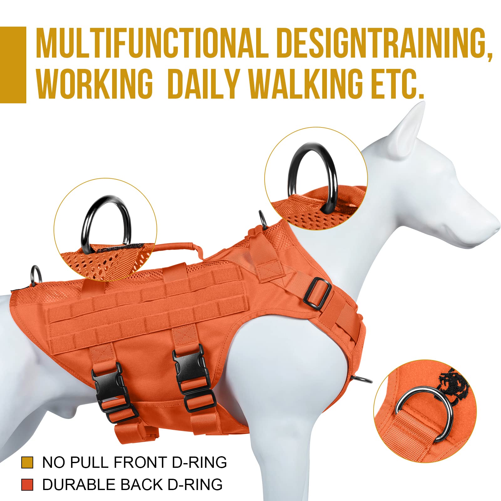 Onetigris No Pull Tactical Dog Harness For Large Dog, Mesh Design Breathable Service Dog Vest With Handle, Military Dog Vest Har