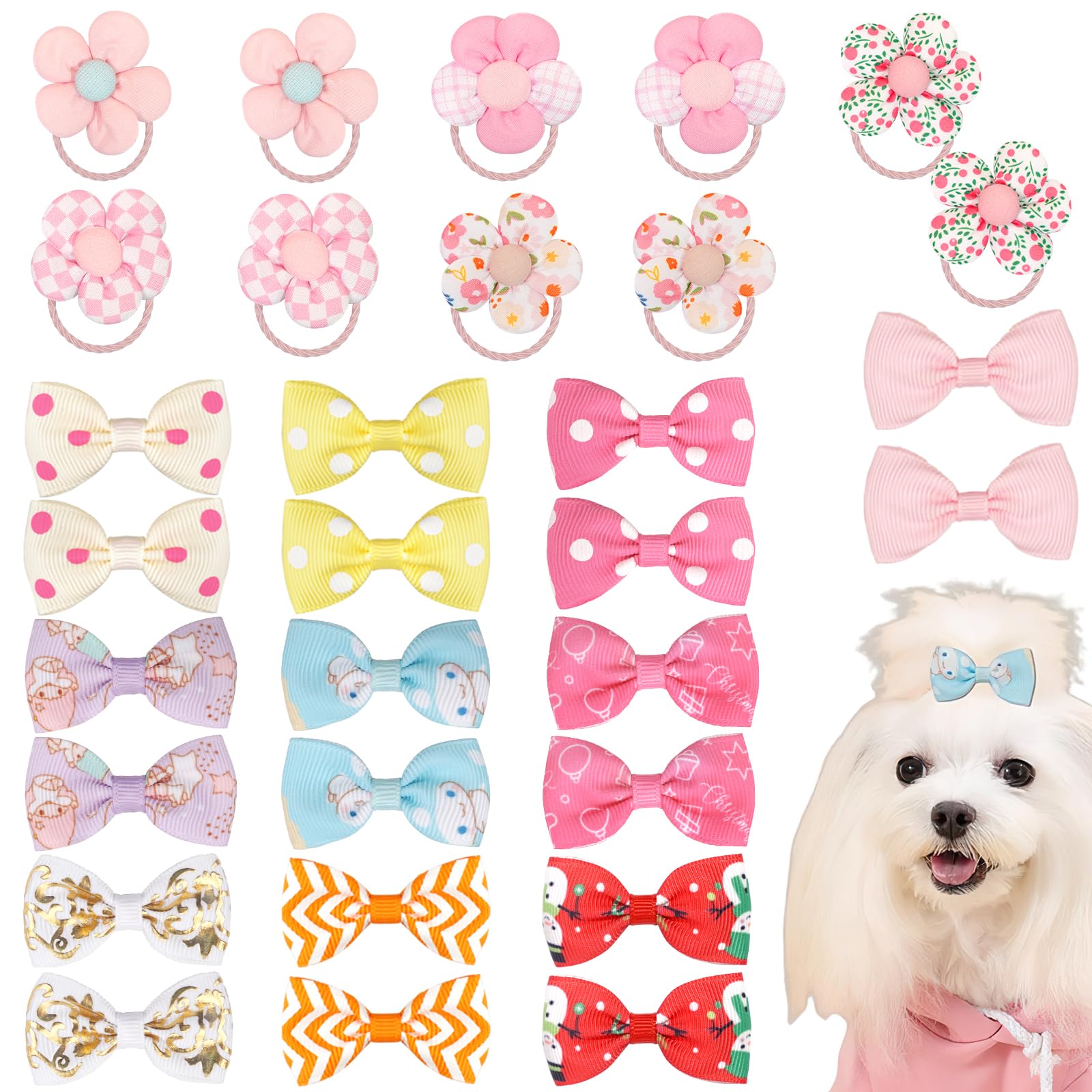 Yxiang Puppy Hair Bows Accessories Set For Small Dogs Yorkie, Handmade 20Pcs Dog Hair Bows, 10Pcs Flower Rubber Ties Pet Groomin