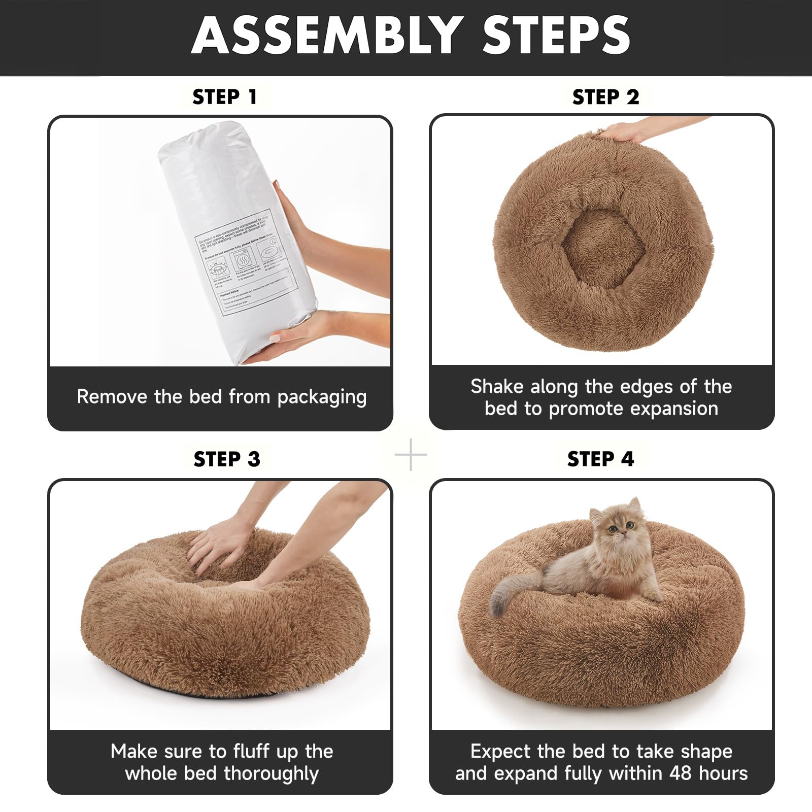 Ohgeni Calming Donut Cat Bed Pillow For Small Pets, Machine Washable Removable Cover, Comfort Plush Fluffy Faux Fur With Anti-Slip Bottom, Dogs-Friendly Round Cuddly Design, Ocher, 20 Inches