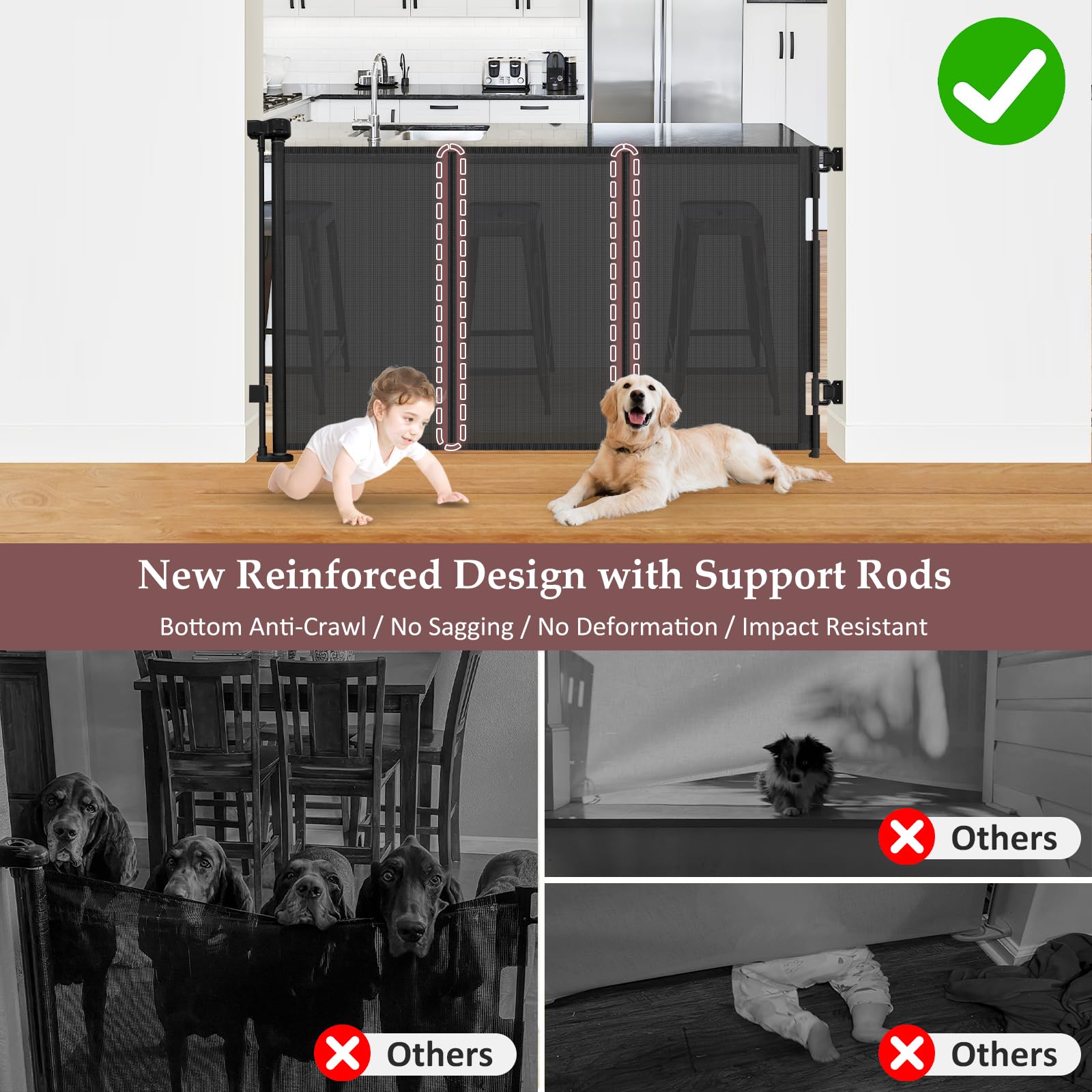 Reinforced 41 Inch Extra Tall Baby Gate 55'' Wide Retractable Dog Gate with Support Rods - Prevents Crawling Under, Indoor Extra
