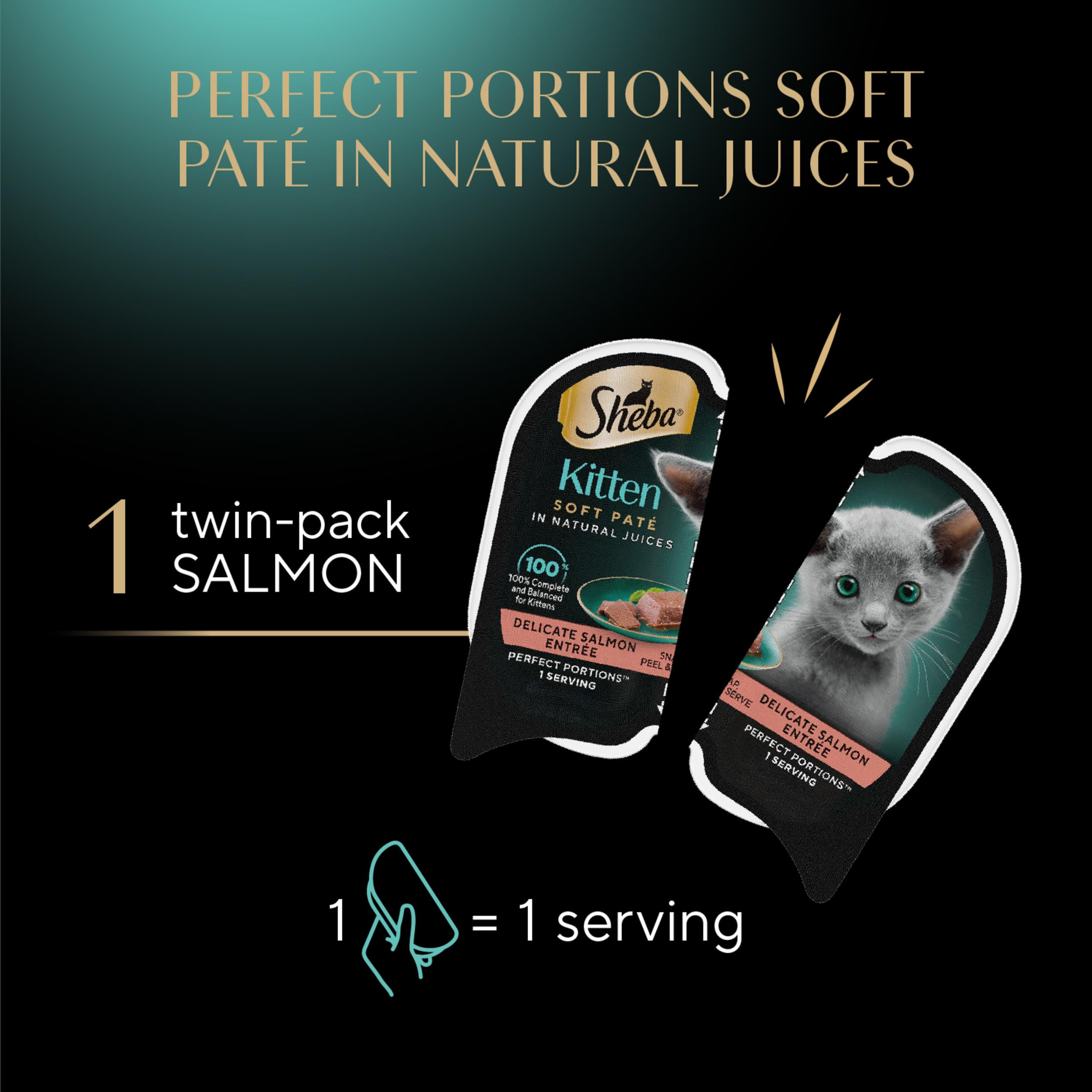 Sheba Perfect Portions Kitten Wet Cat Food Pate Salmon Entree, 2.6 oz. Twin-Pack Trays (24 Count, 48 Servings)