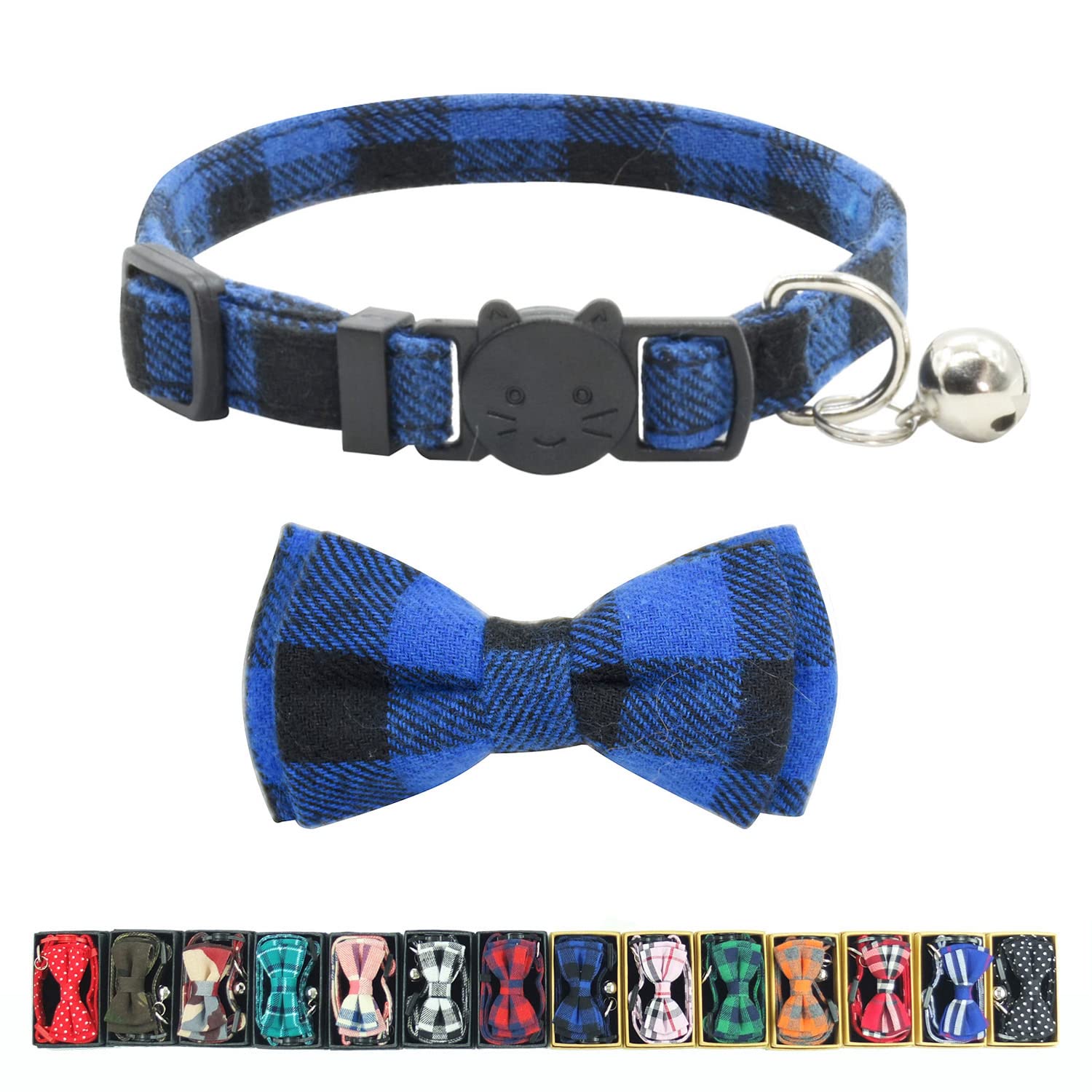Cat Collar Breakaway With Bell And Bow Tie, Plaid Design Adjustable Safety Kitty Kitten Collars(6.8-10.8In) (Blue Plaid 3)
